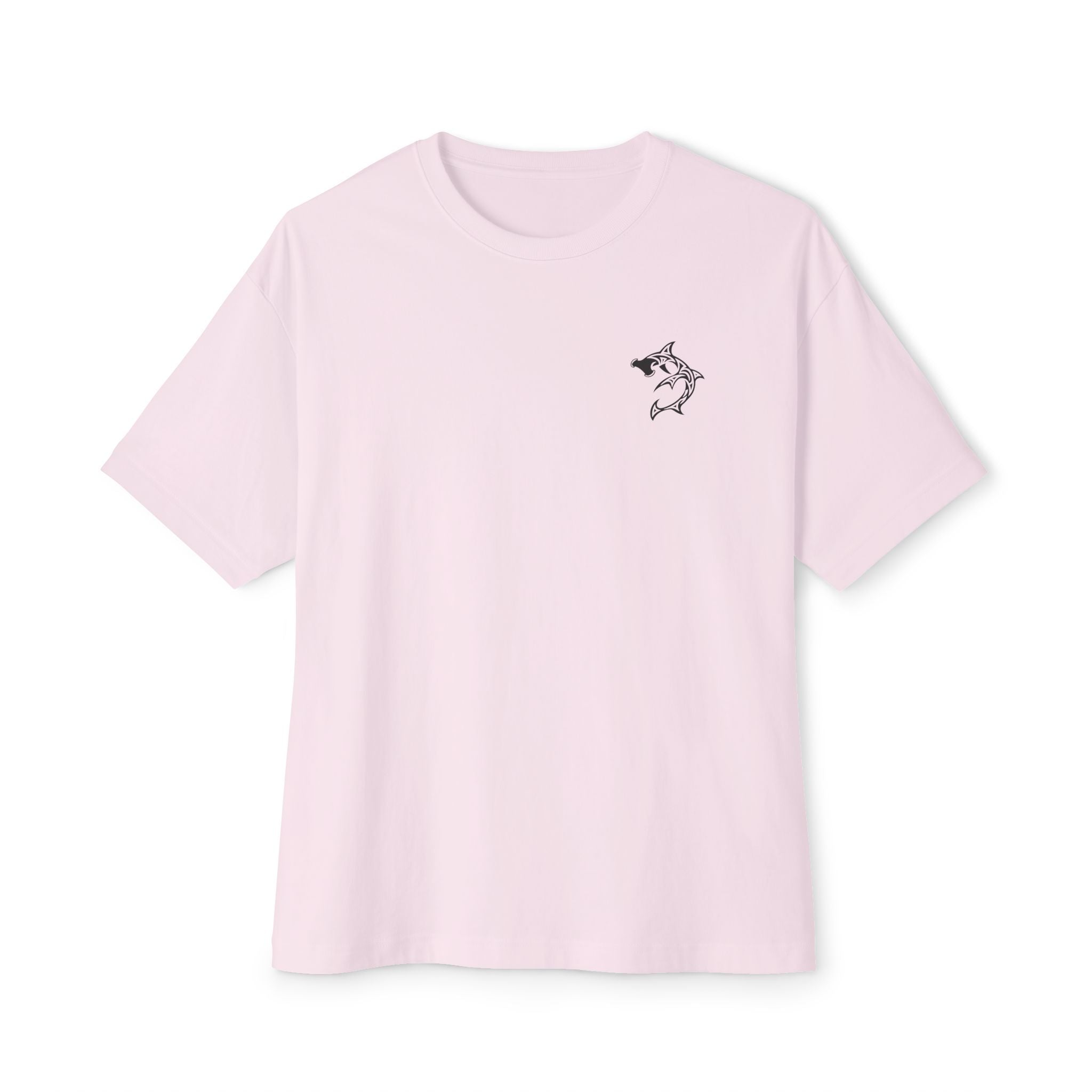 Shark Triskelion Tee — Oversized Boxy White T-Shirt with Tribal Shark Back Design