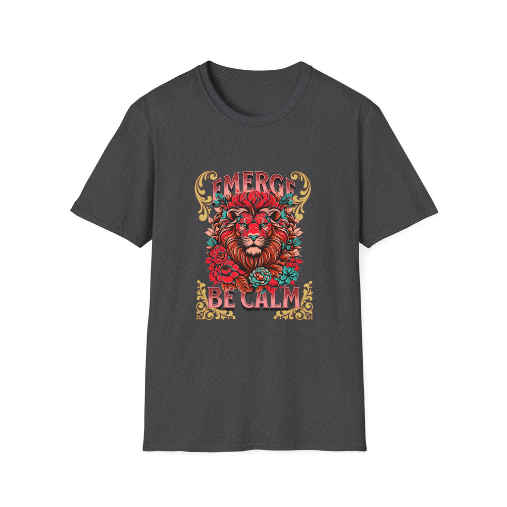Emerge Be Calm Lion T-Shirt — Bold Floral Lion Graphic Tee