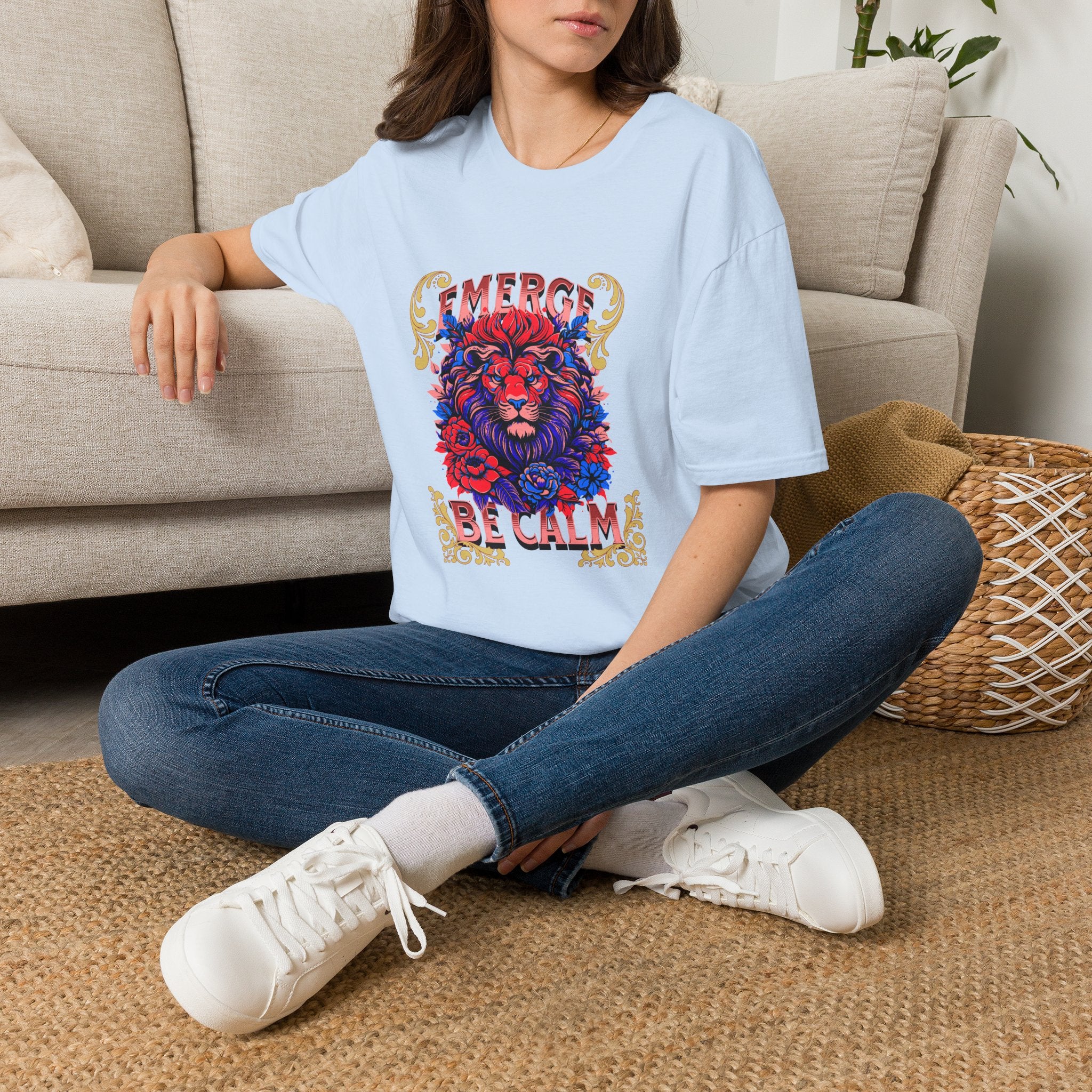Emerge Be Calm Lion T-Shirt — Bold Floral Lion Graphic Tee