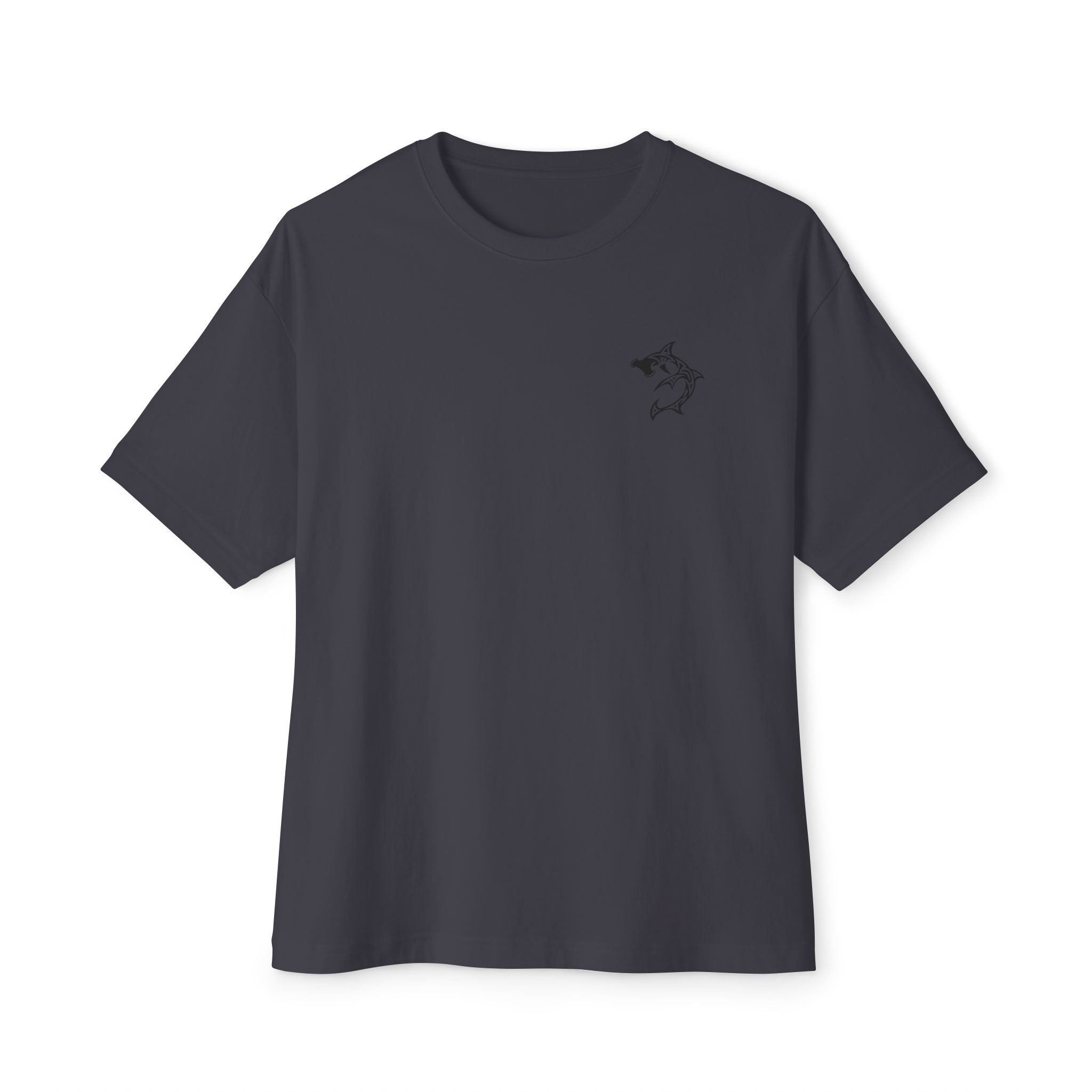 Shark Triskelion Tee — Oversized Boxy White T-Shirt with Tribal Shark Back Design