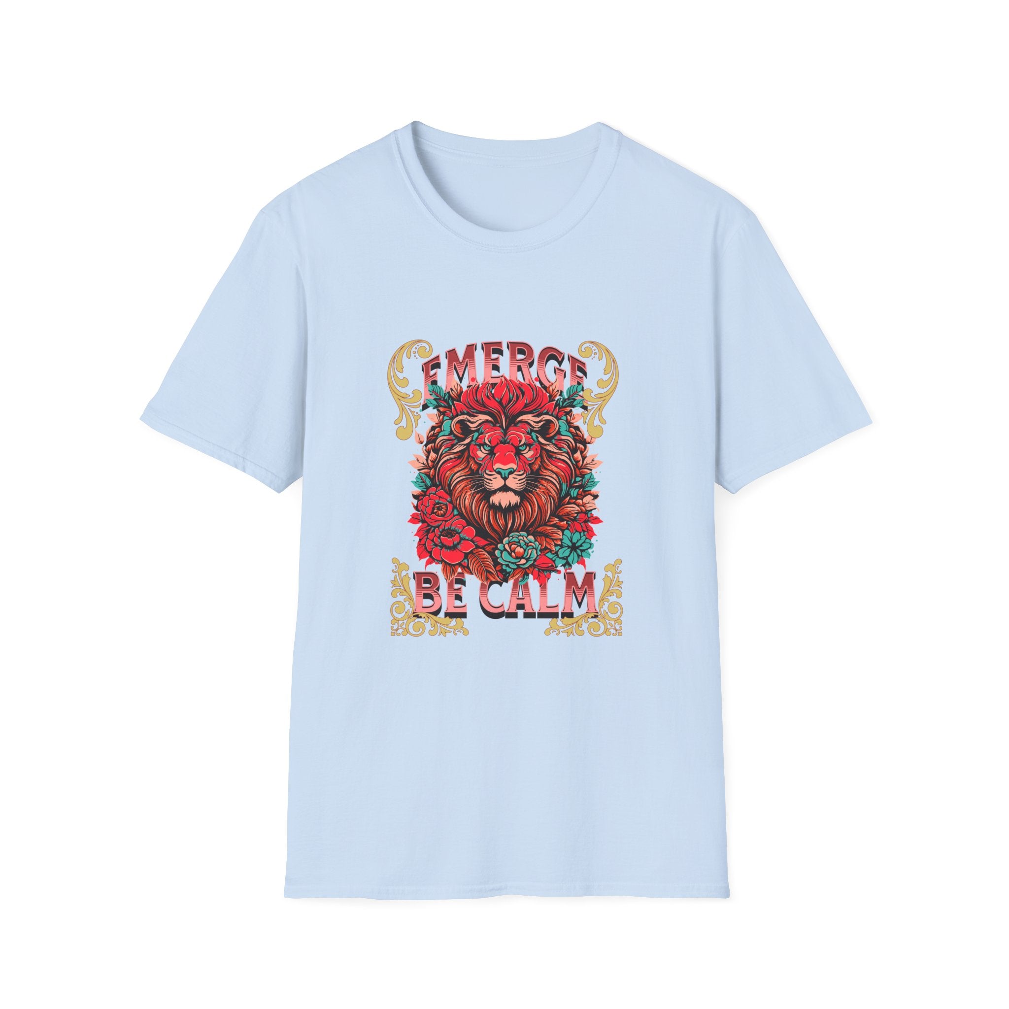 Emerge Be Calm Lion T-Shirt — Bold Floral Lion Graphic Tee