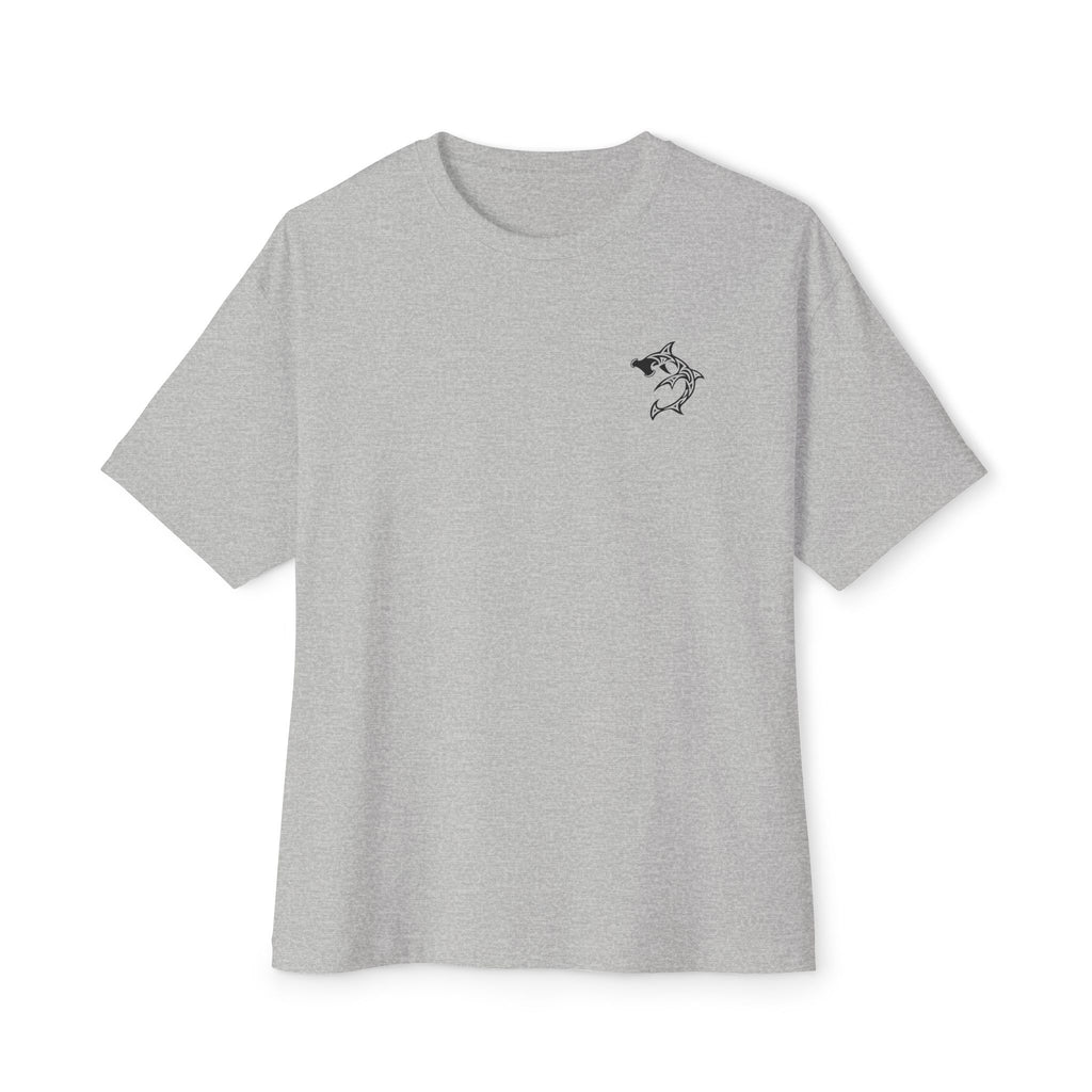 Shark Triskelion Tee — Oversized Boxy White T-Shirt with Tribal Shark Back Design