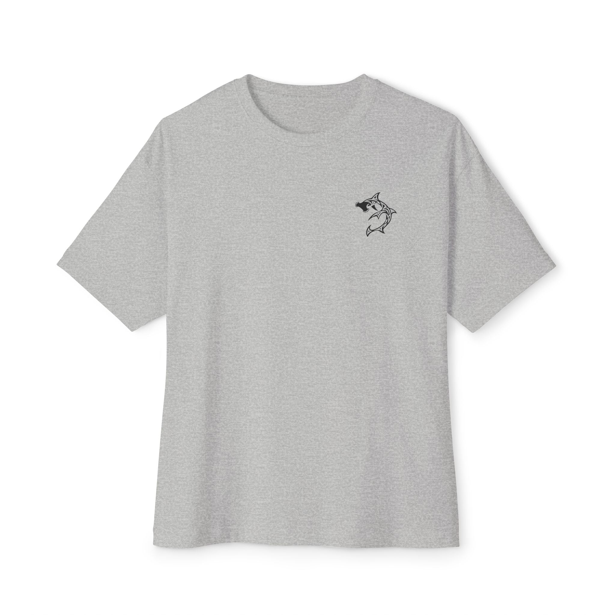 Shark Triskelion Tee — Oversized Boxy White T-Shirt with Tribal Shark Back Design