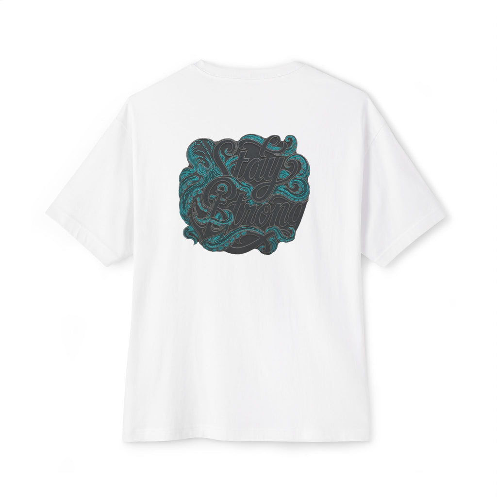 Oversized Boxy Tee — ’Stay Slow’ Floral Script Chest & Teal Back Art