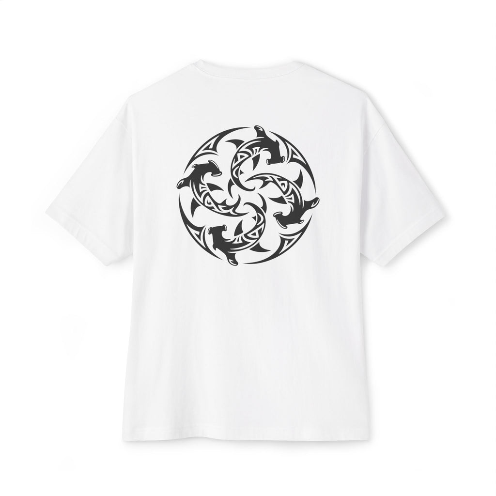 Shark Triskelion Tee — Oversized Boxy White T-Shirt with Tribal Shark Back Design
