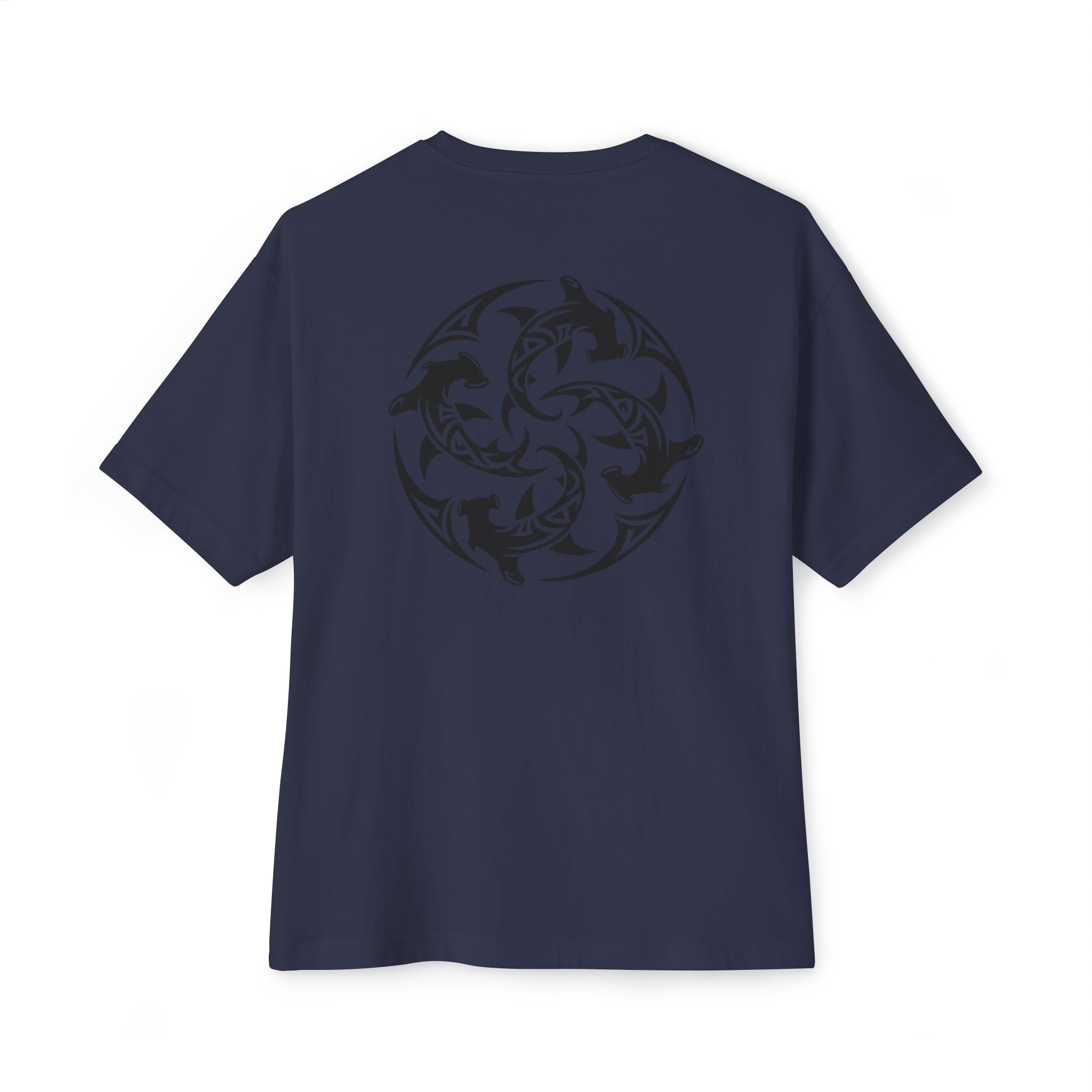 Shark Triskelion Tee — Oversized Boxy White T-Shirt with Tribal Shark Back Design