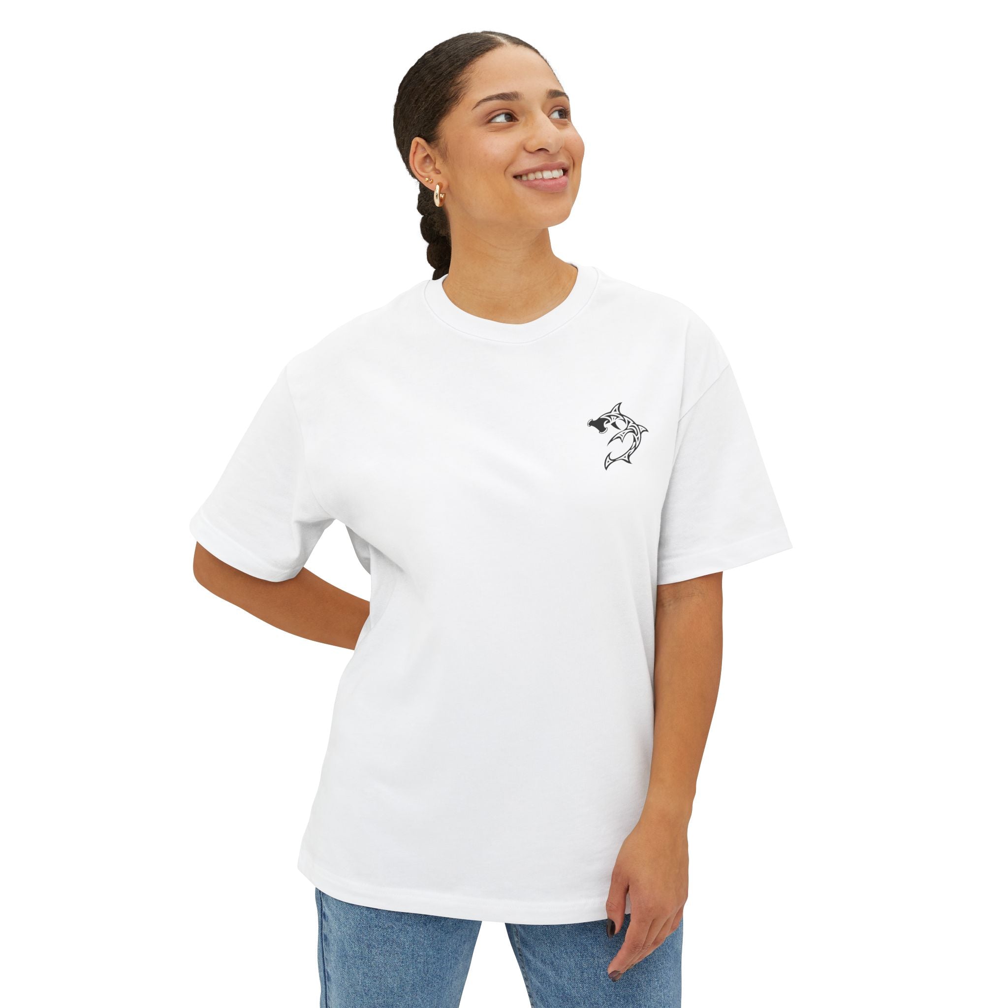 Shark Triskelion Tee — Oversized Boxy White T-Shirt with Tribal Shark Back Design