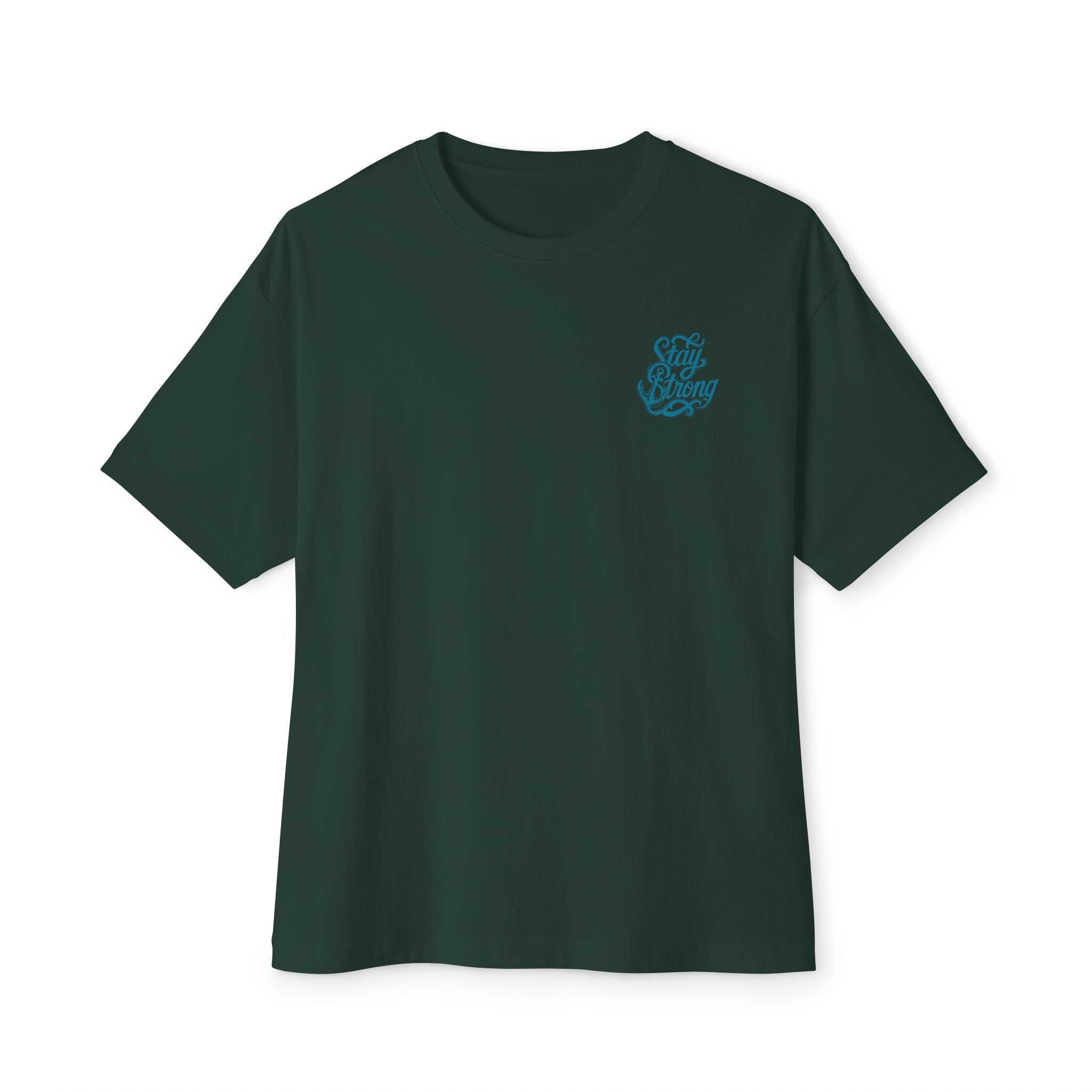 Oversized Boxy Tee — ’Stay Slow’ Floral Script Chest & Teal Back Art