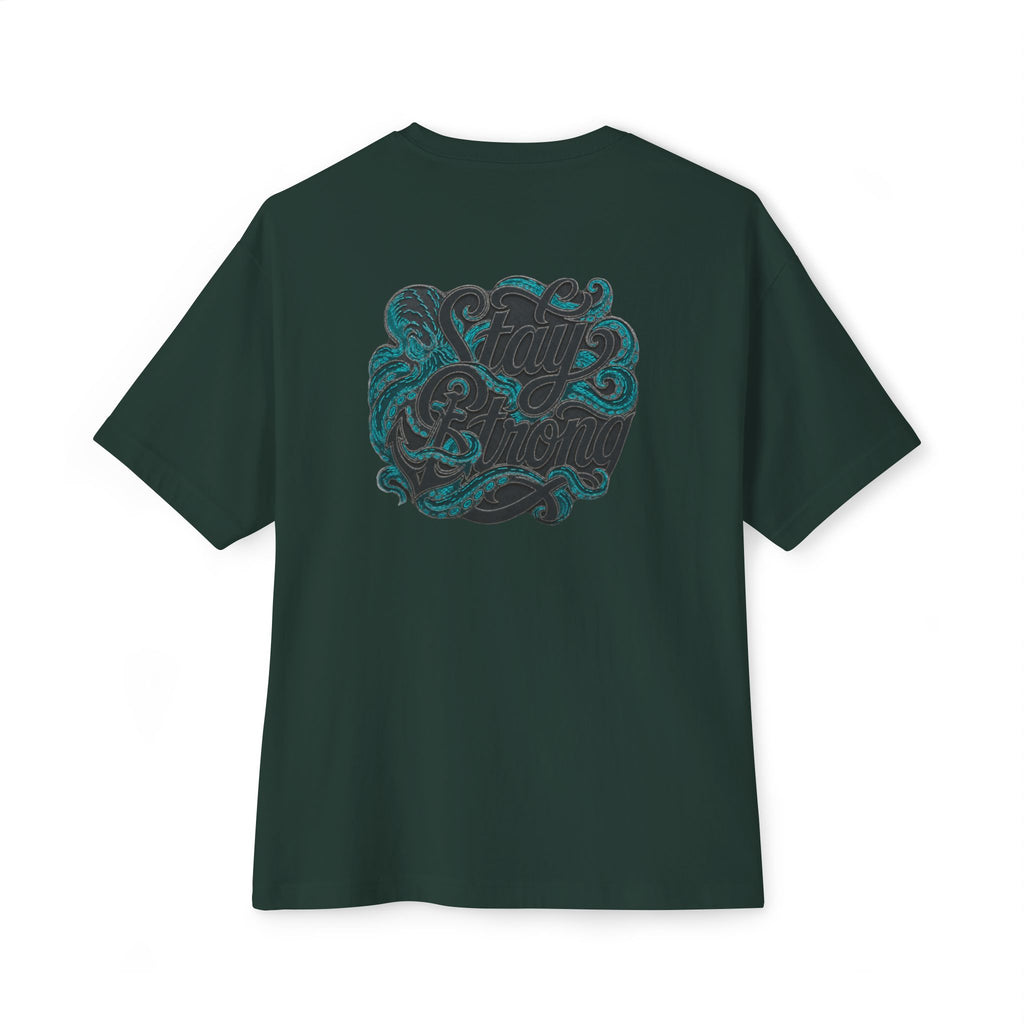 Oversized Boxy Tee — ’Stay Slow’ Floral Script Chest & Teal Back Art