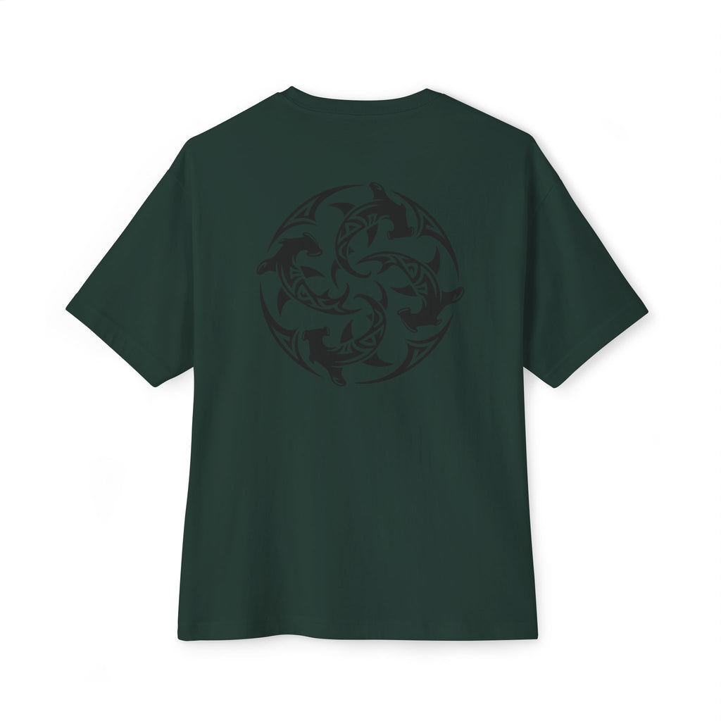 Shark Triskelion Tee — Oversized Boxy White T-Shirt with Tribal Shark Back Design