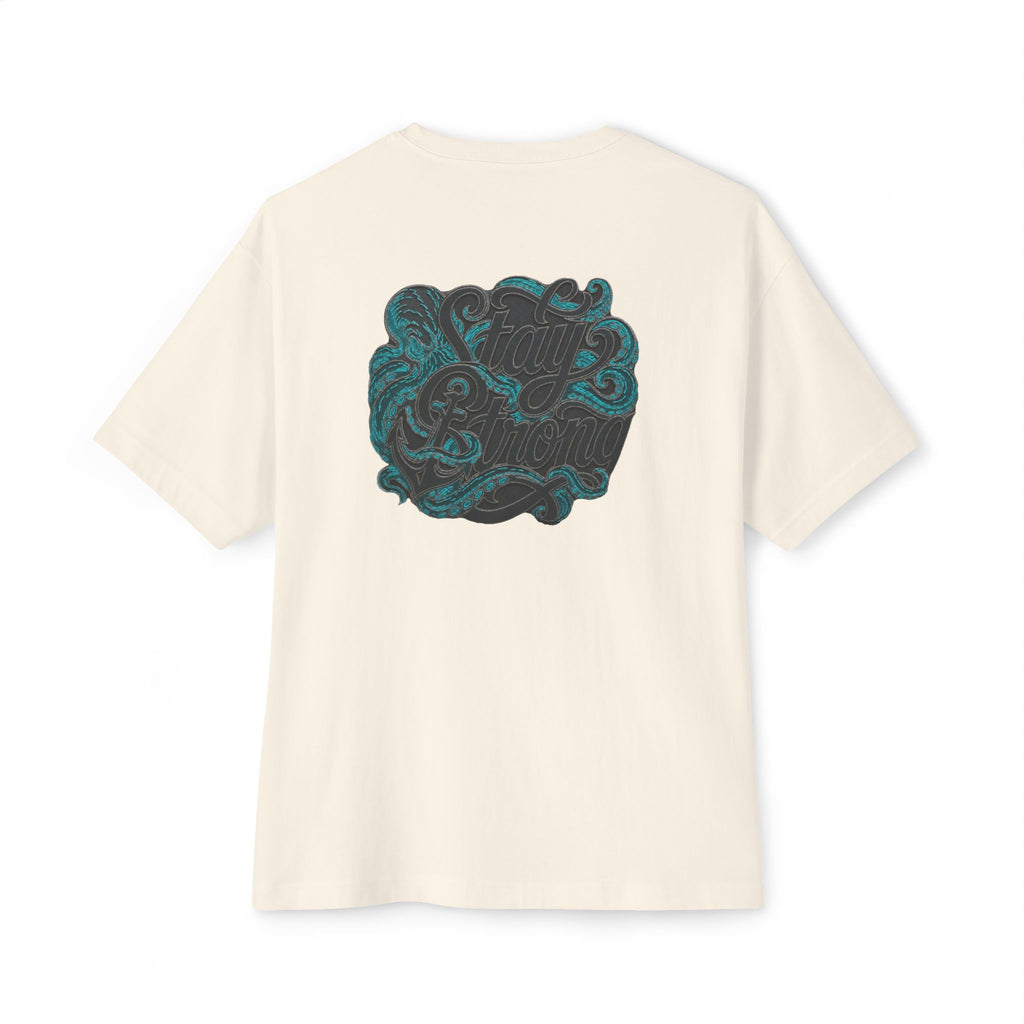 Oversized Boxy Tee — ’Stay Slow’ Floral Script Chest & Teal Back Art