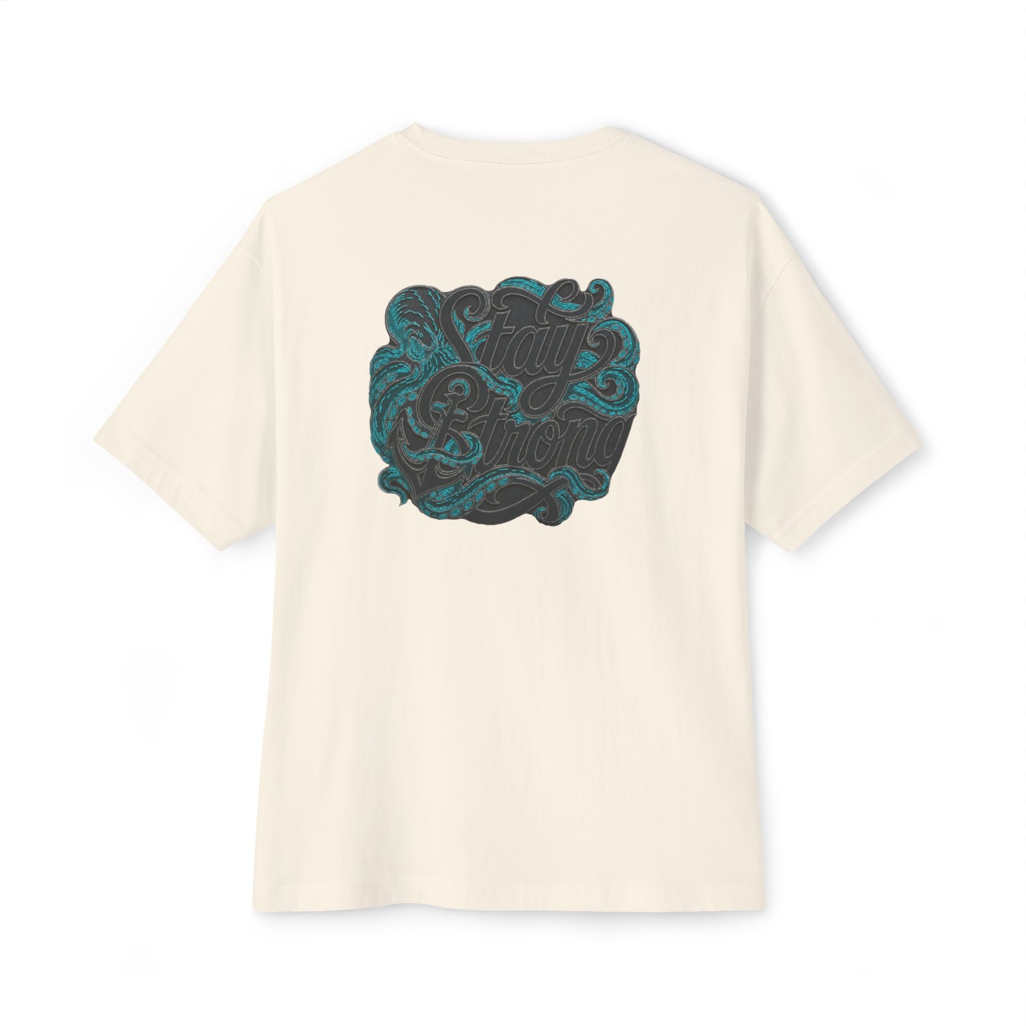 Oversized Boxy Tee — ’Stay Slow’ Floral Script Chest & Teal Back Art