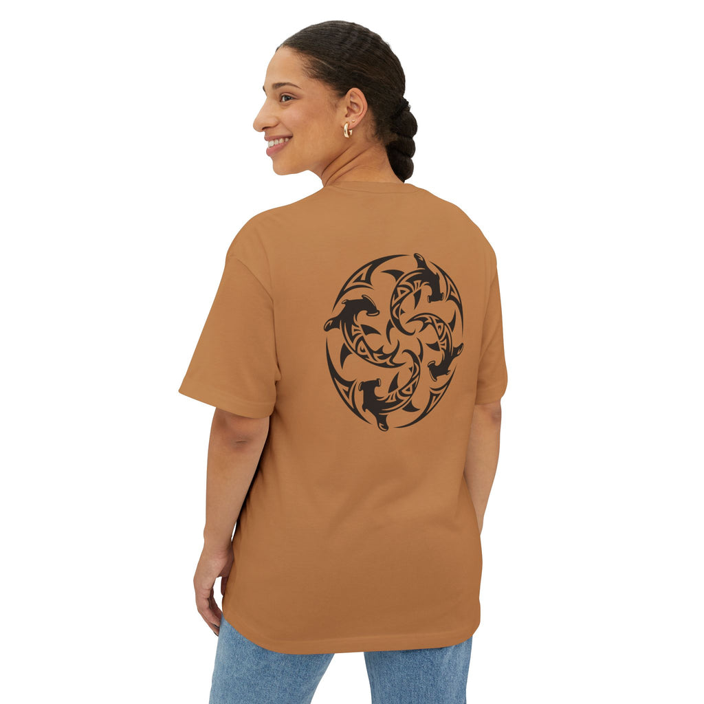 Shark Triskelion Tee — Oversized Boxy White T-Shirt with Tribal Shark Back Design