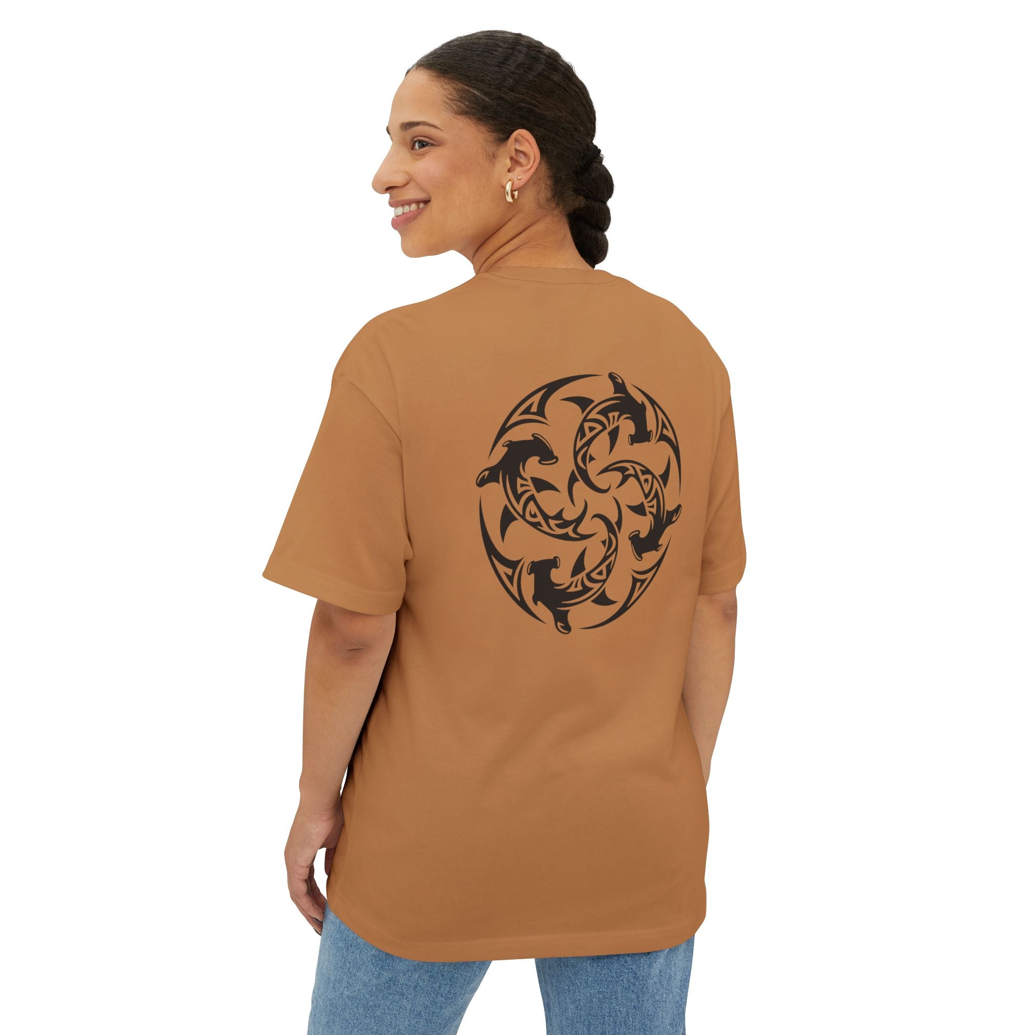 Shark Triskelion Tee — Oversized Boxy White T-Shirt with Tribal Shark Back Design