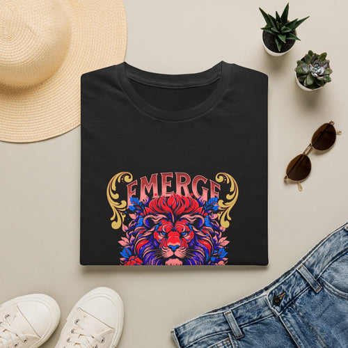Emerge Be Calm Lion T-Shirt — Bold Floral Lion Graphic Tee