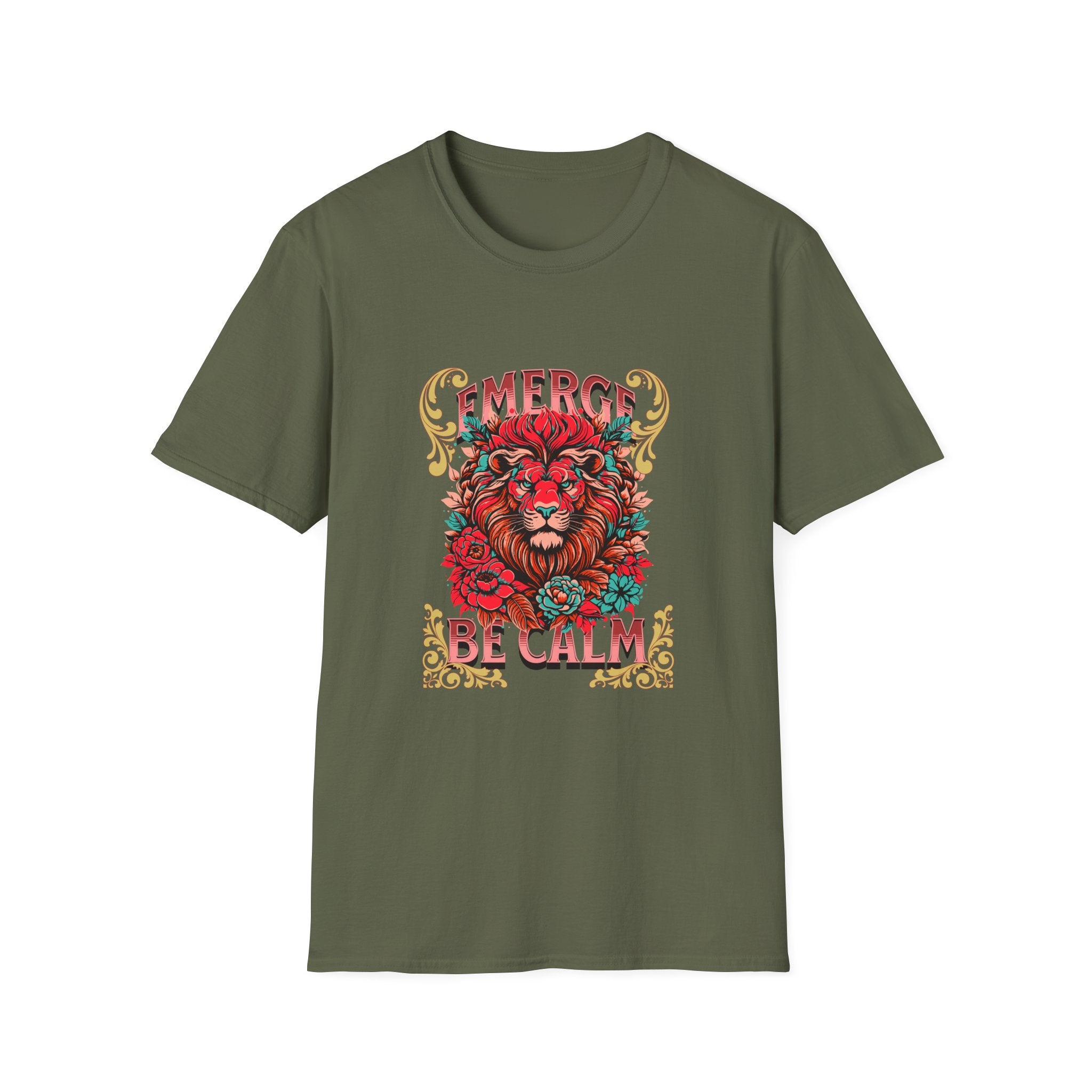 Emerge Be Calm Lion T-Shirt — Bold Floral Lion Graphic Tee
