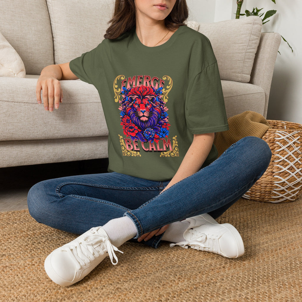 Emerge Be Calm Lion T-Shirt — Bold Floral Lion Graphic Tee