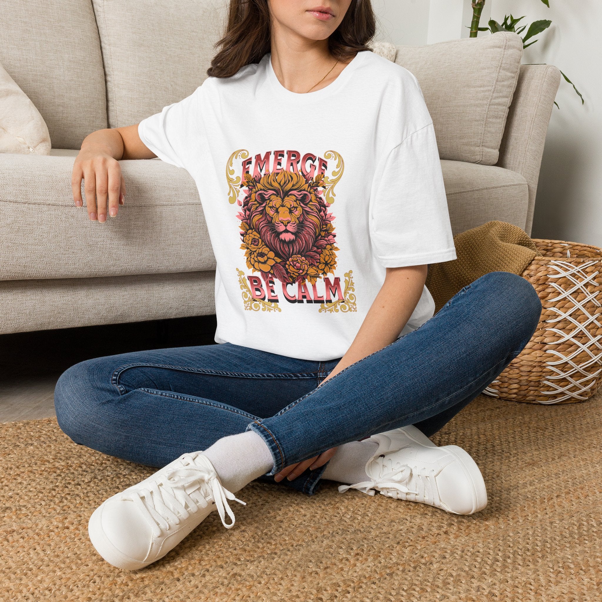 Lion 'Emerge Be Calm' Graphic T-Shirt — Bold Vintage Wildlife Tee