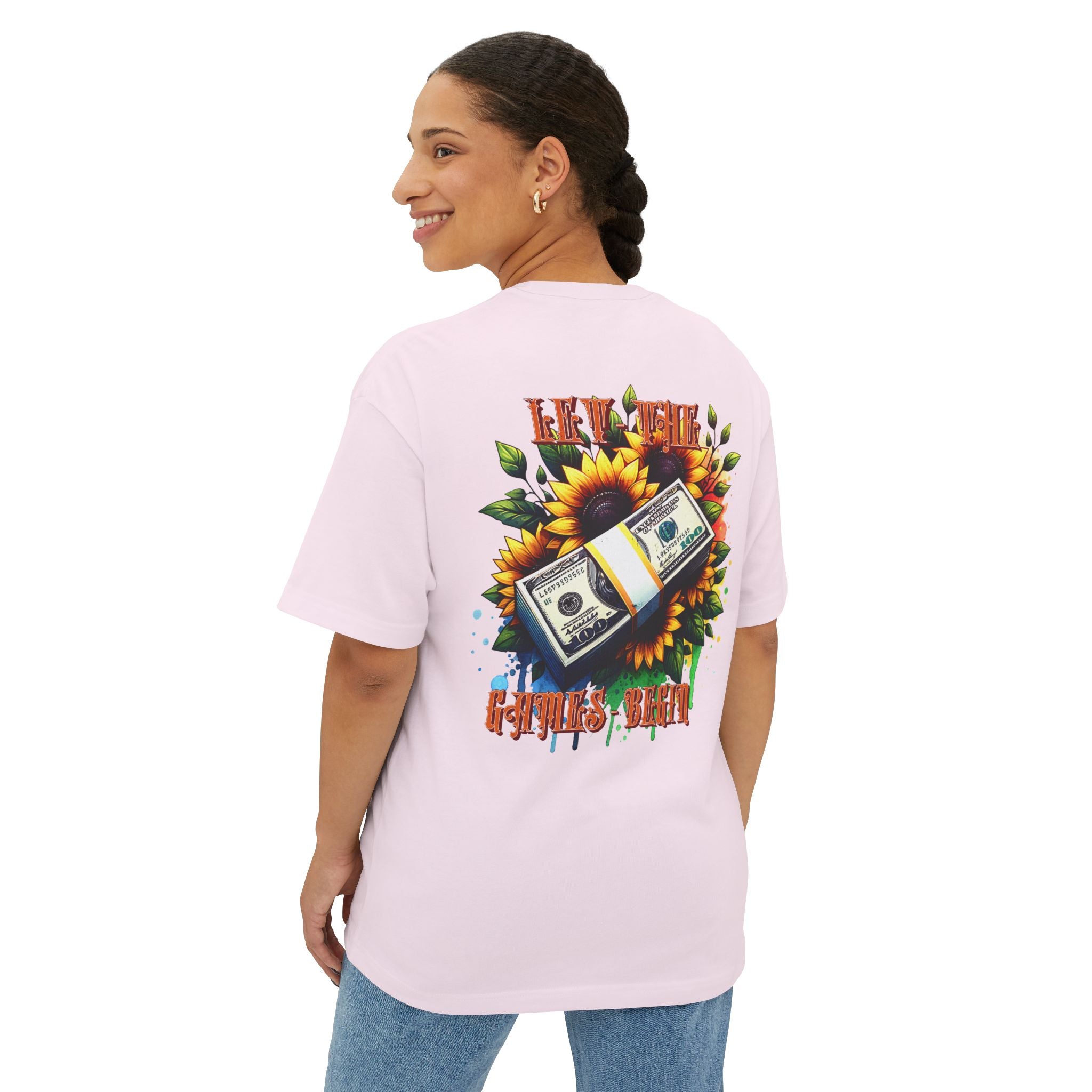 Money & Sunflowers Graphic Tee — "Let the Money Bloom" Oversized Boxy T‑Shirt