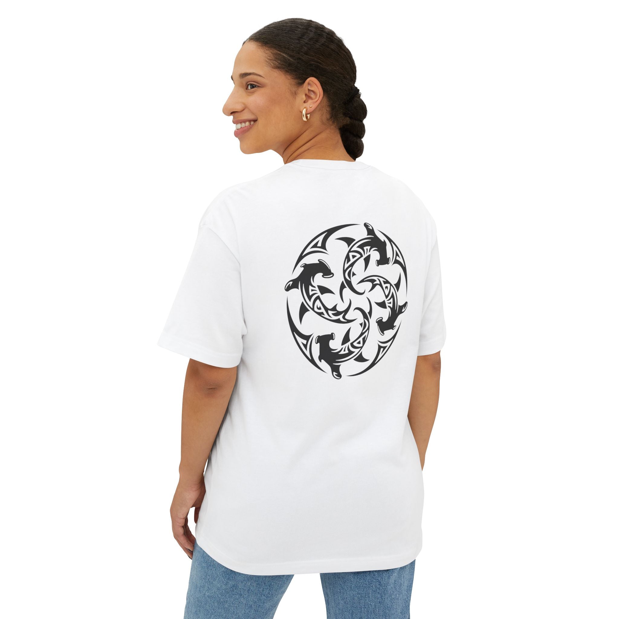 Shark Triskelion Tee — Oversized Boxy White T-Shirt with Tribal Shark Back Design