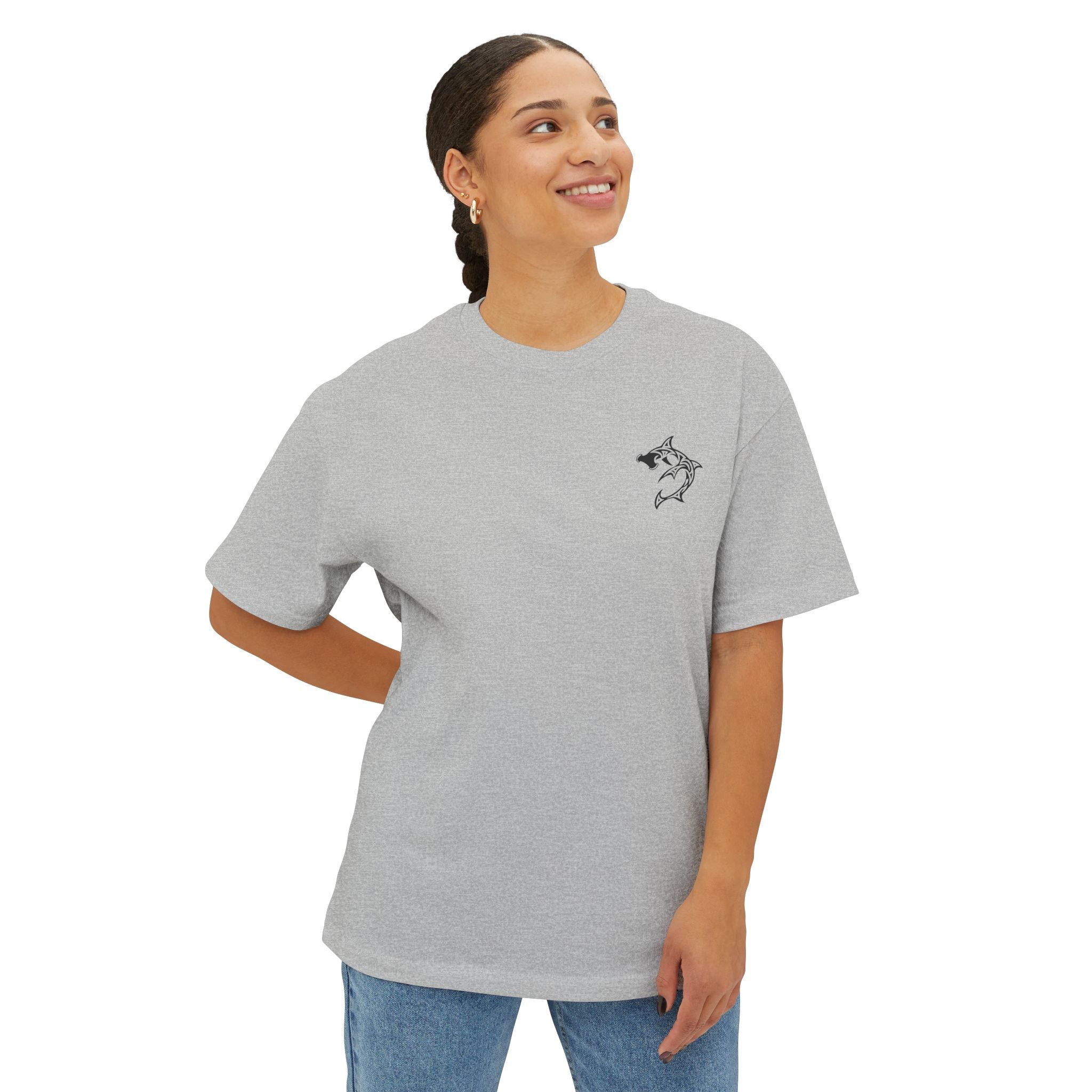 Shark Triskelion Tee — Oversized Boxy White T-Shirt with Tribal Shark Back Design