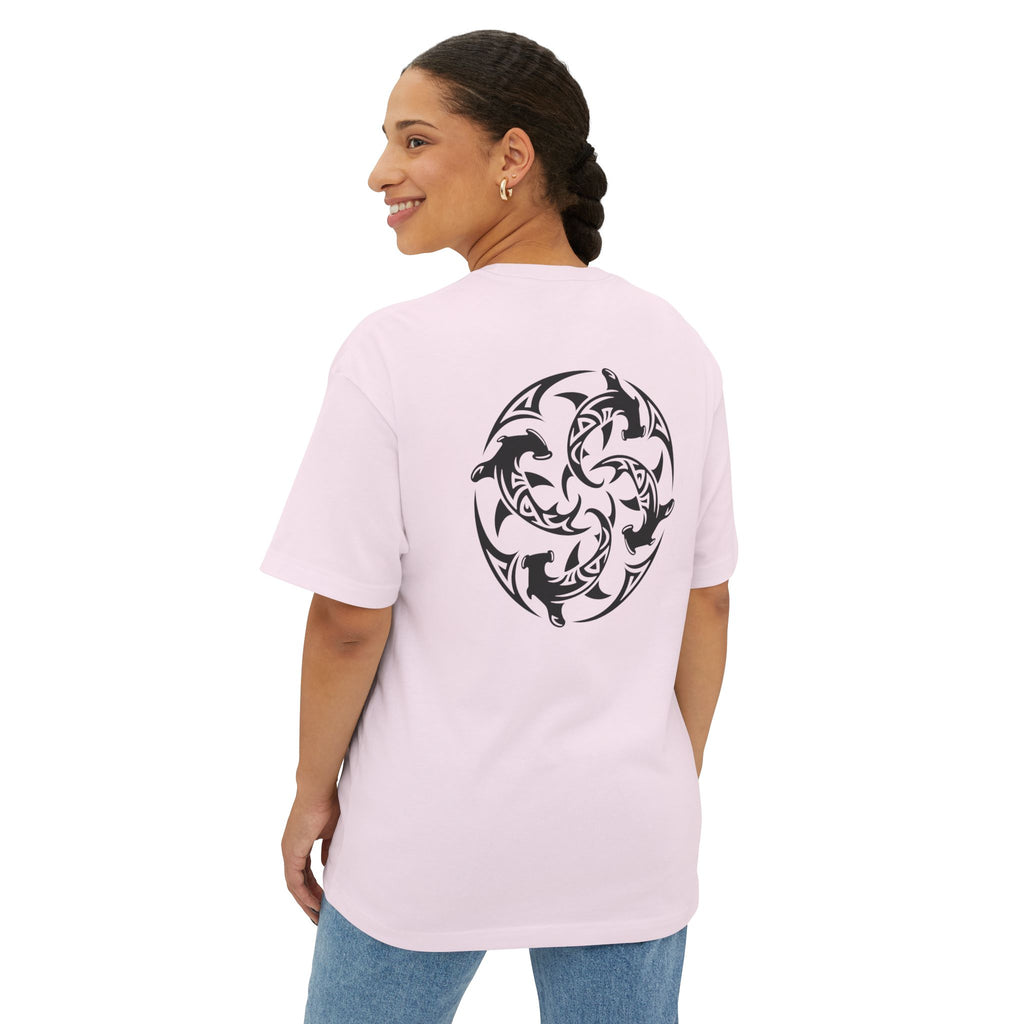 Shark Triskelion Tee — Oversized Boxy White T-Shirt with Tribal Shark Back Design