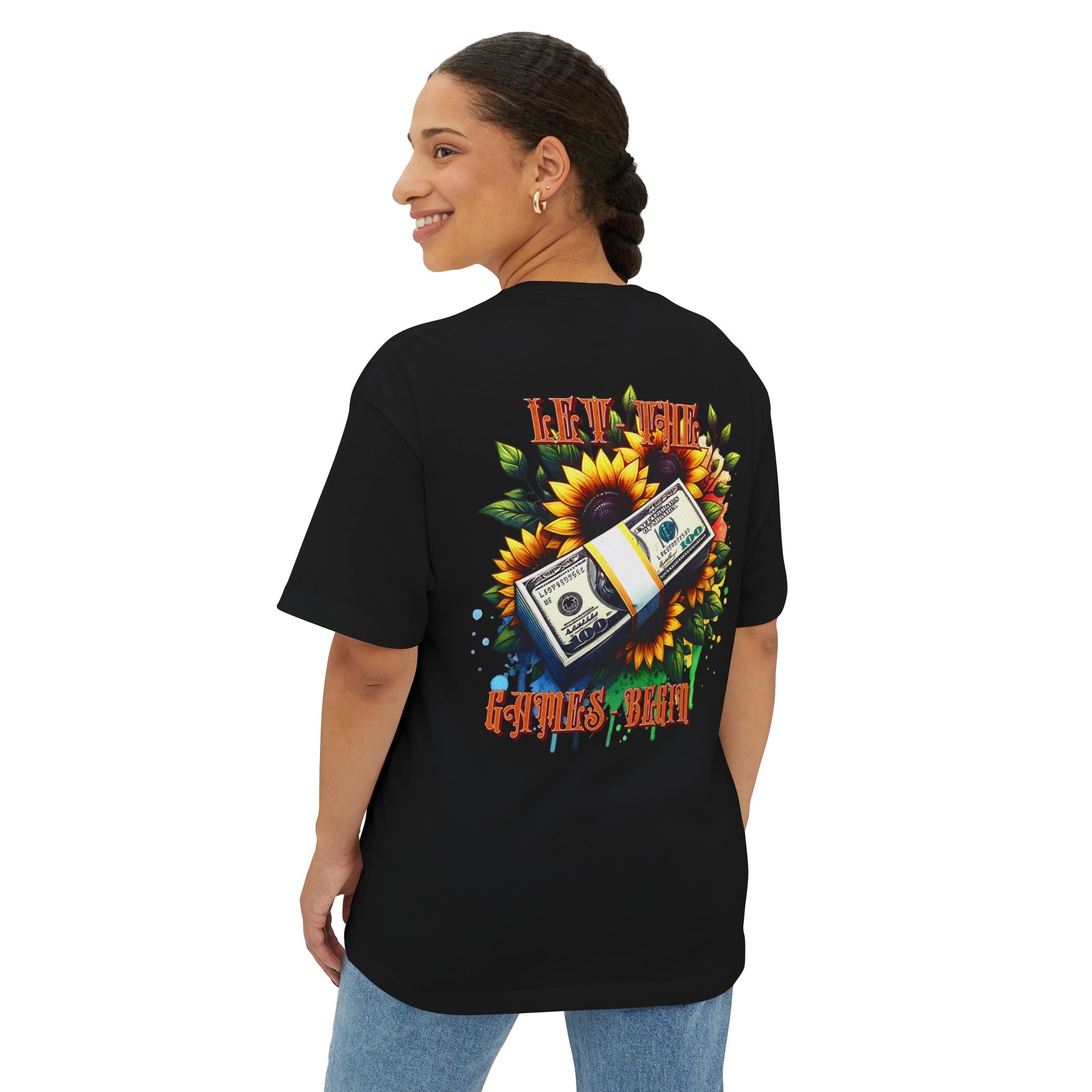 Money & Sunflowers Graphic Tee — "Let the Money Bloom" Oversized Boxy T‑Shirt