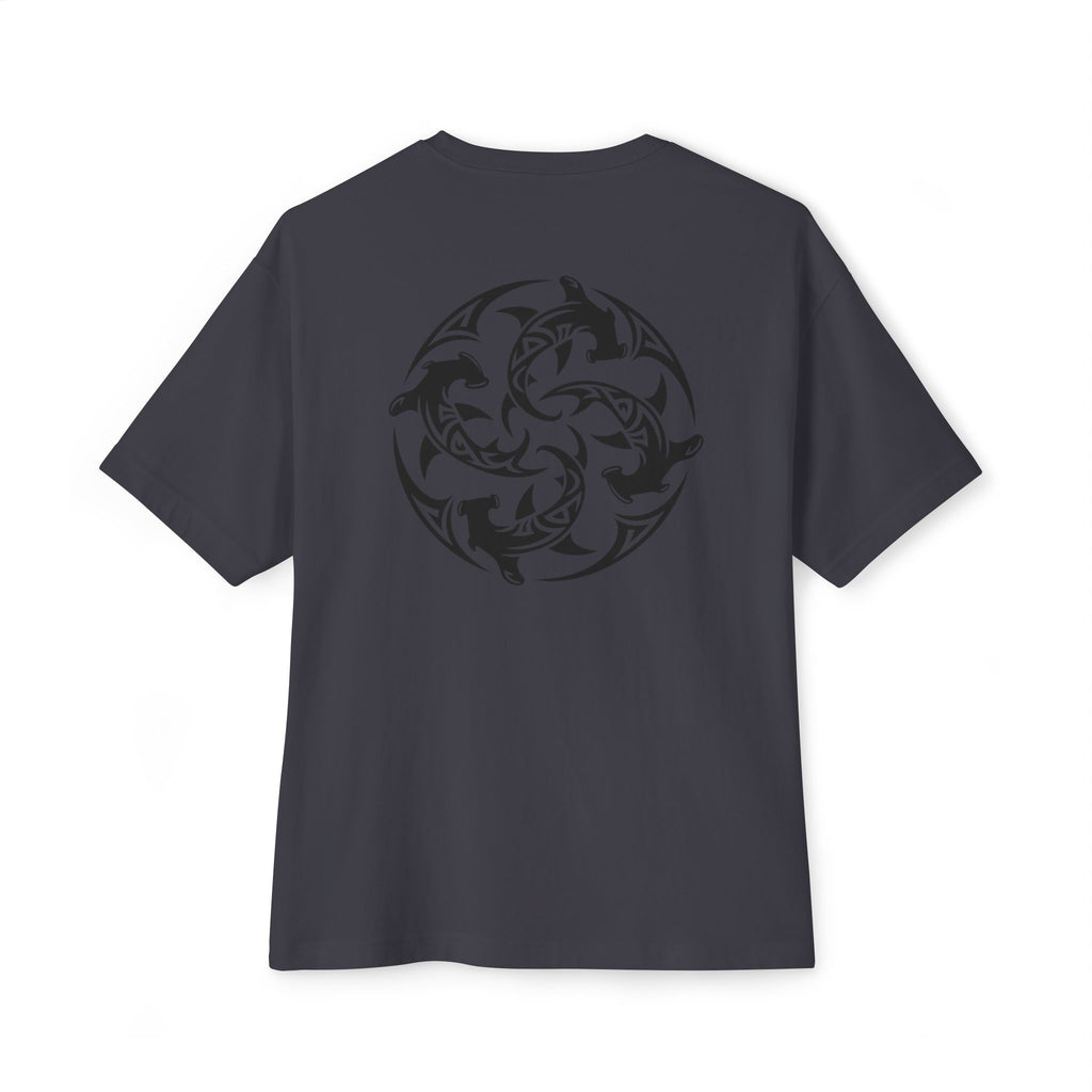 Shark Triskelion Tee — Oversized Boxy White T-Shirt with Tribal Shark Back Design
