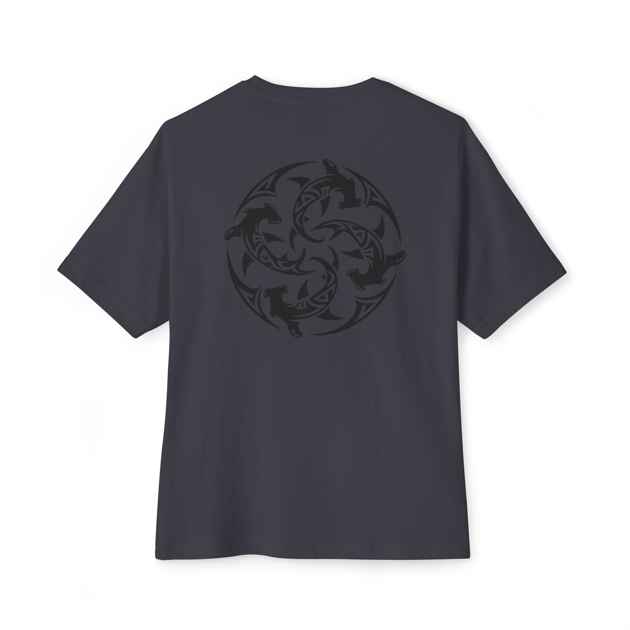 Shark Triskelion Tee — Oversized Boxy White T-Shirt with Tribal Shark Back Design