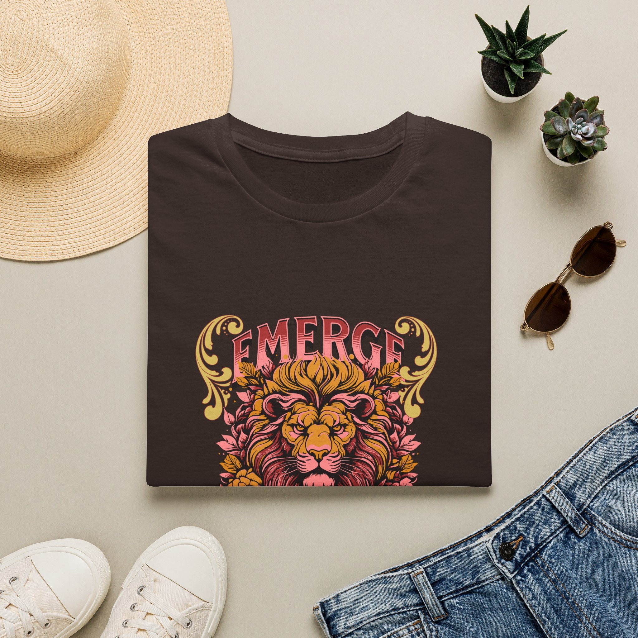 Lion 'Emerge Be Calm' Graphic T-Shirt — Bold Vintage Wildlife Tee