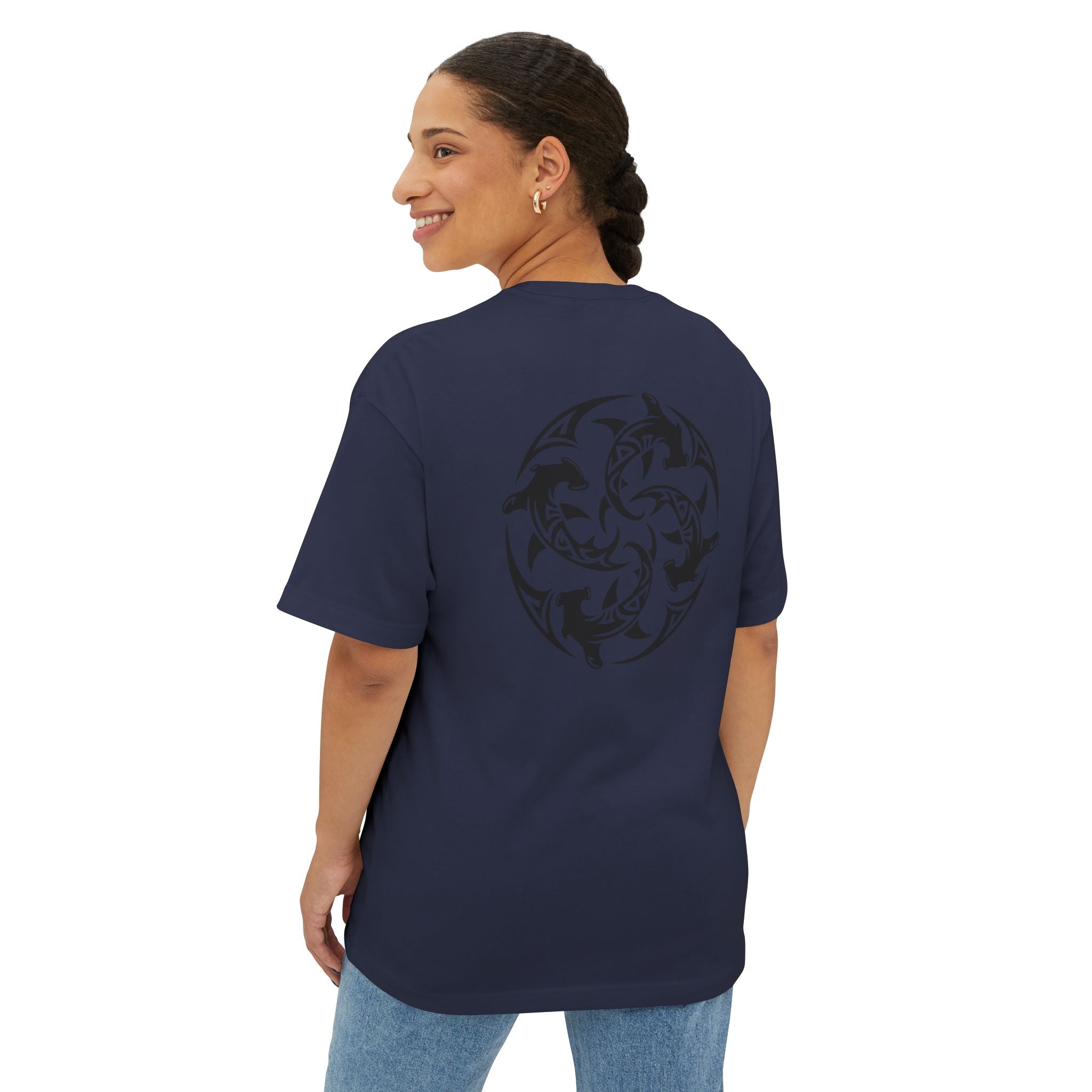 Shark Triskelion Tee — Oversized Boxy White T-Shirt with Tribal Shark Back Design