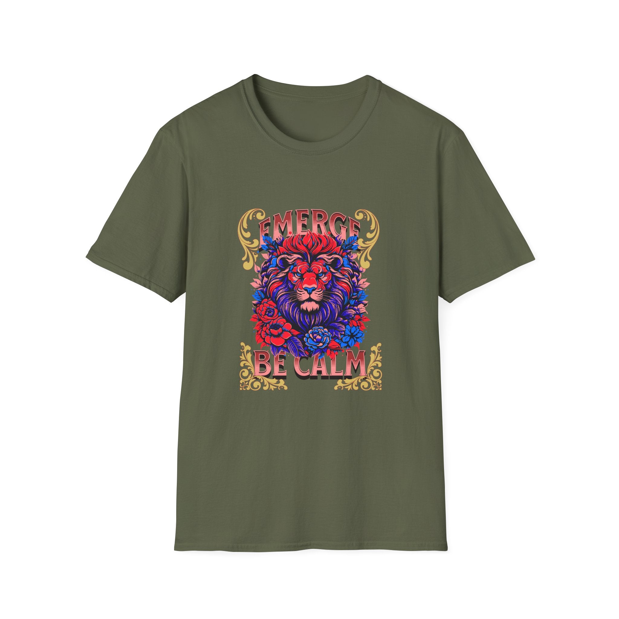 Emerge Be Calm Lion T-Shirt — Bold Floral Lion Graphic Tee