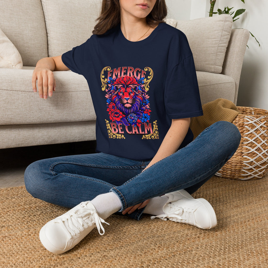 Emerge Be Calm Lion T-Shirt — Bold Floral Lion Graphic Tee
