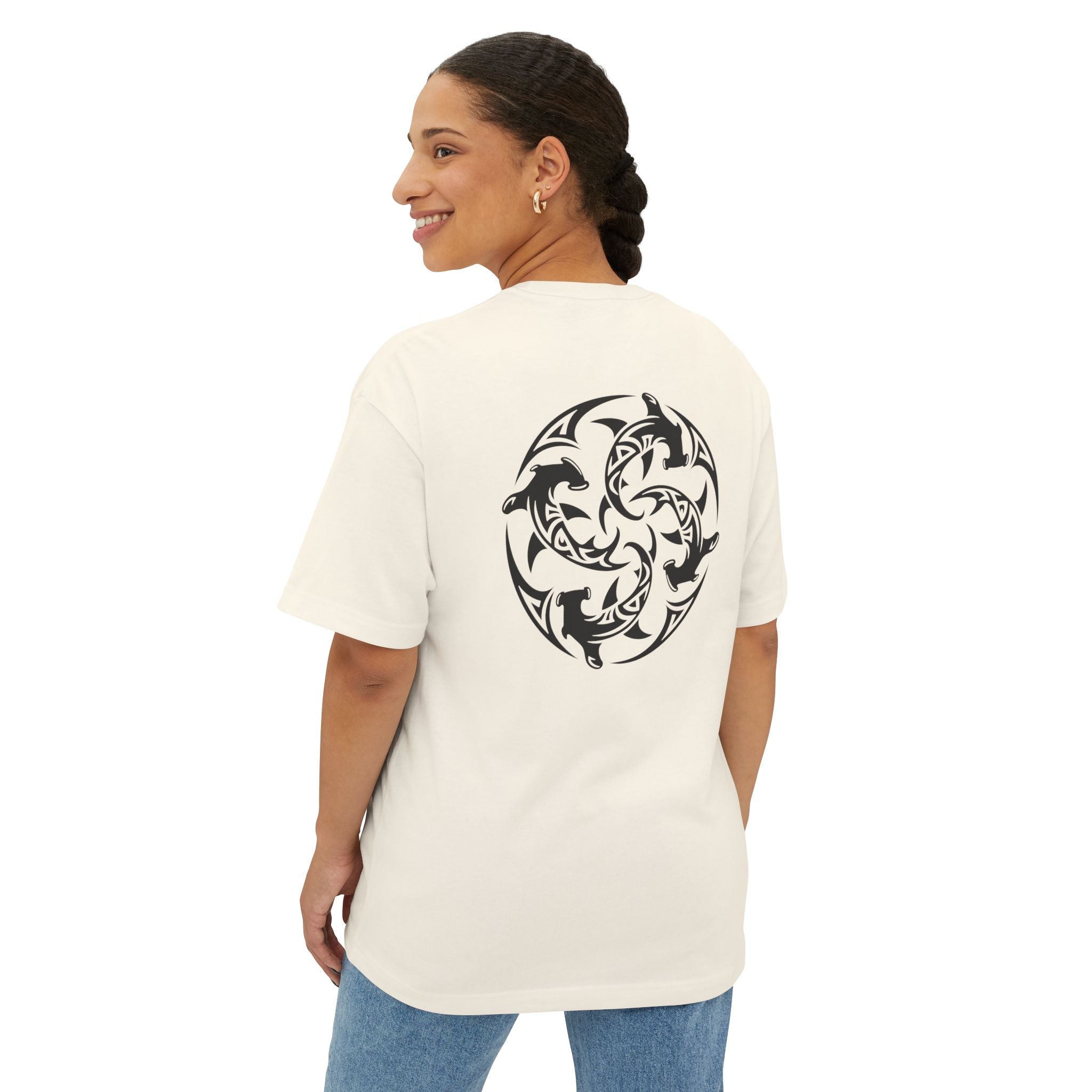 Shark Triskelion Tee — Oversized Boxy White T-Shirt with Tribal Shark Back Design