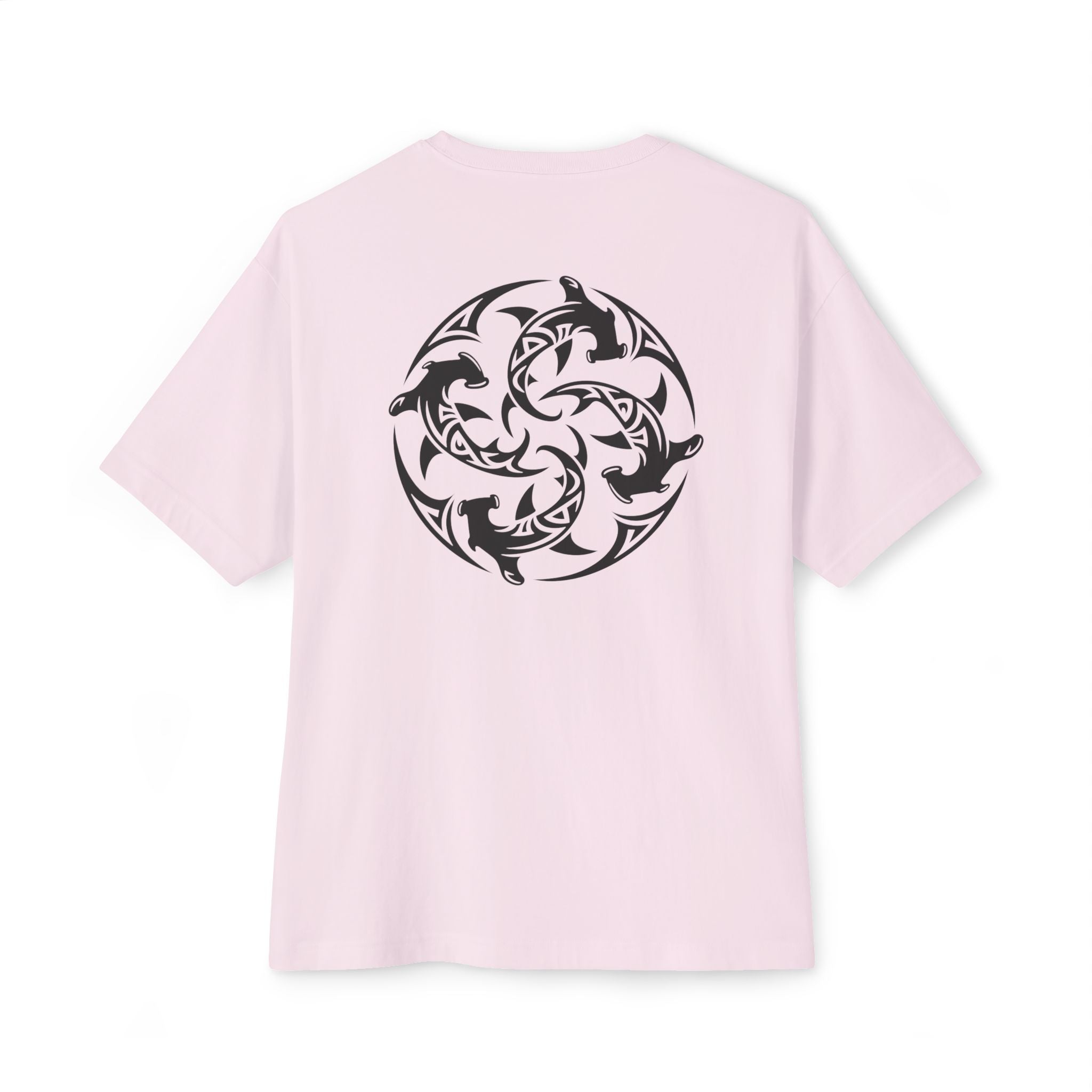 Shark Triskelion Tee — Oversized Boxy White T-Shirt with Tribal Shark Back Design