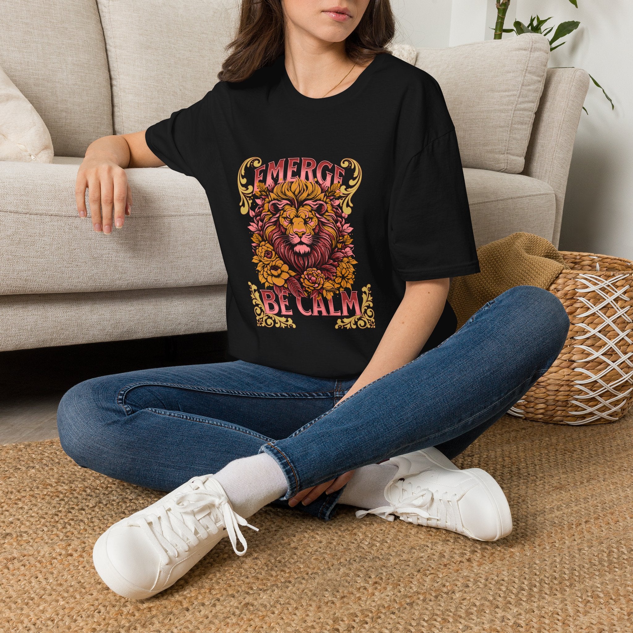 Lion 'Emerge Be Calm' Graphic T-Shirt — Bold Vintage Wildlife Tee