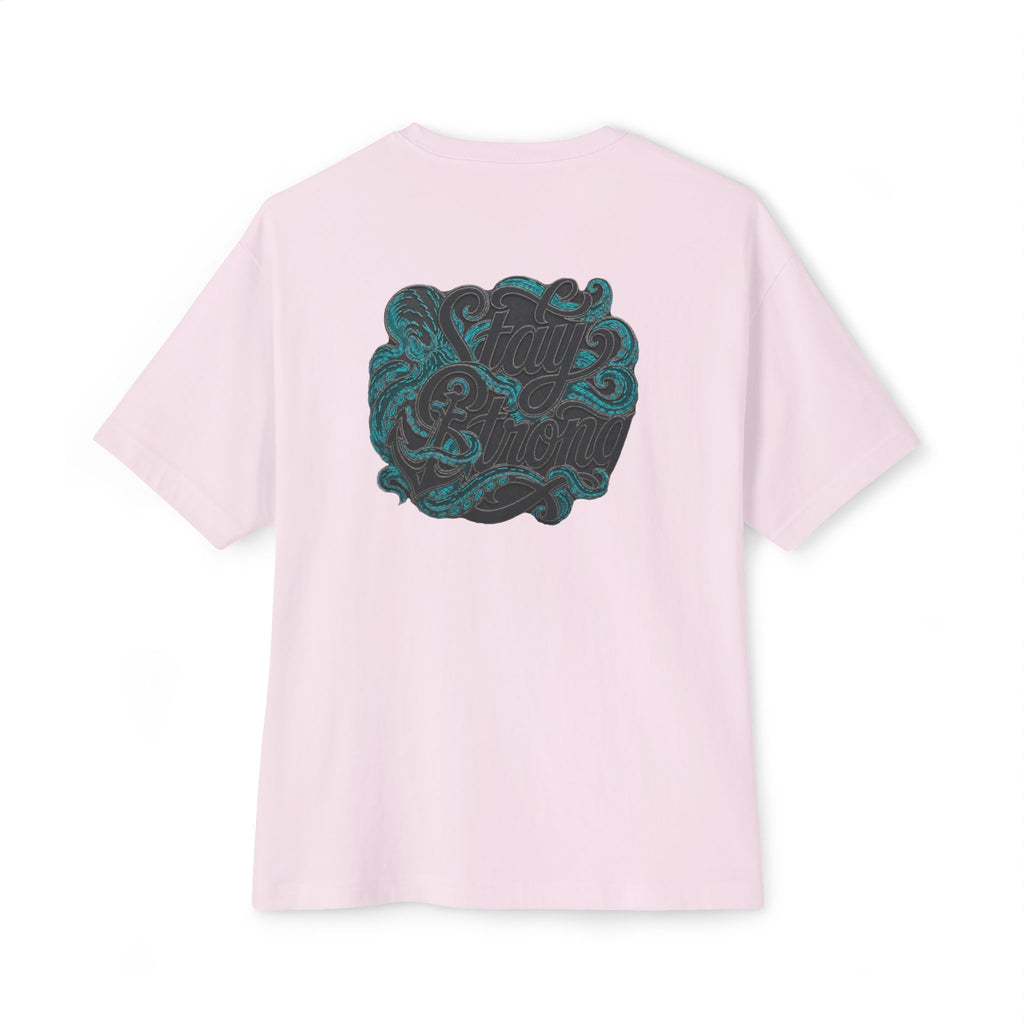 Oversized Boxy Tee — ’Stay Slow’ Floral Script Chest & Teal Back Art