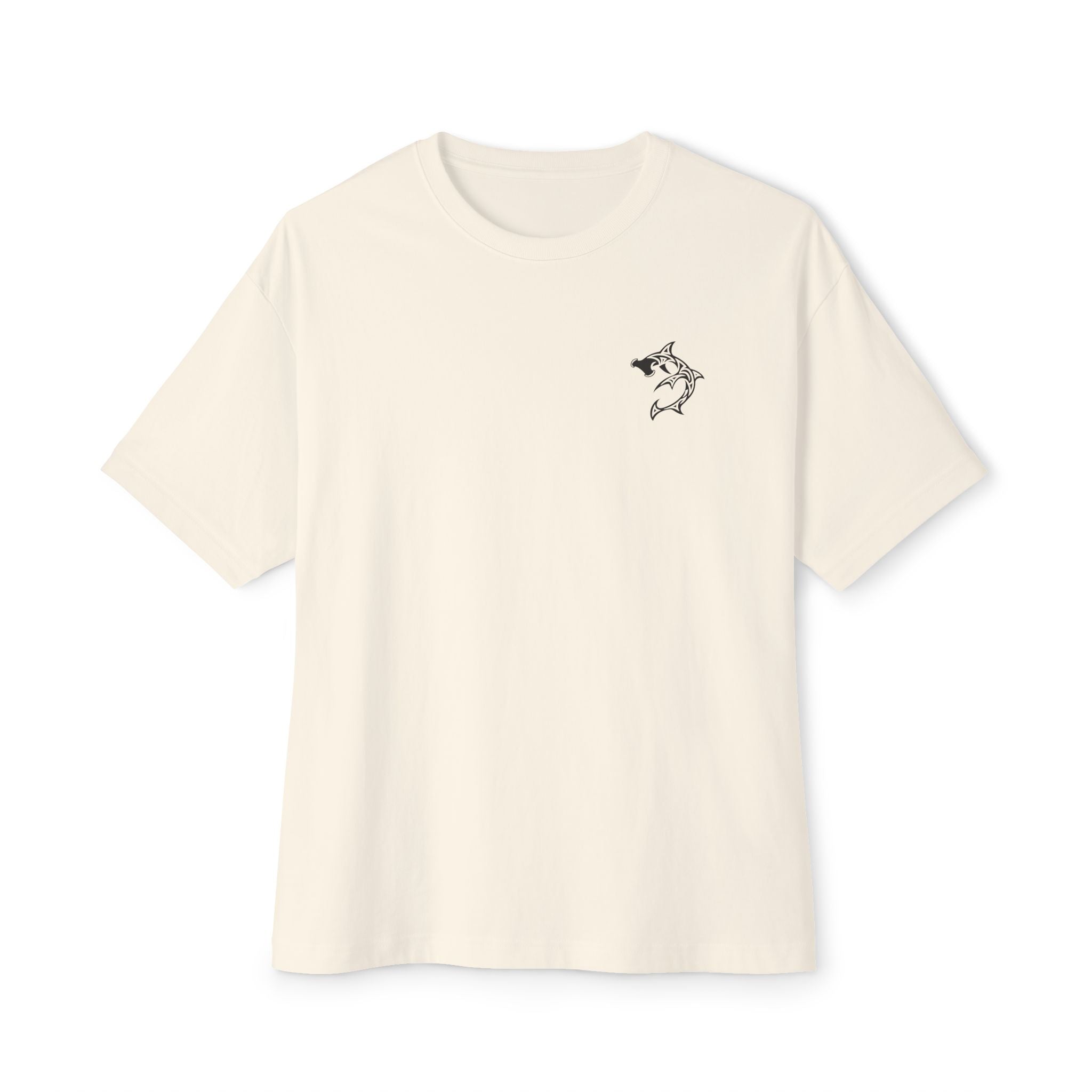 Shark Triskelion Tee — Oversized Boxy White T-Shirt with Tribal Shark Back Design