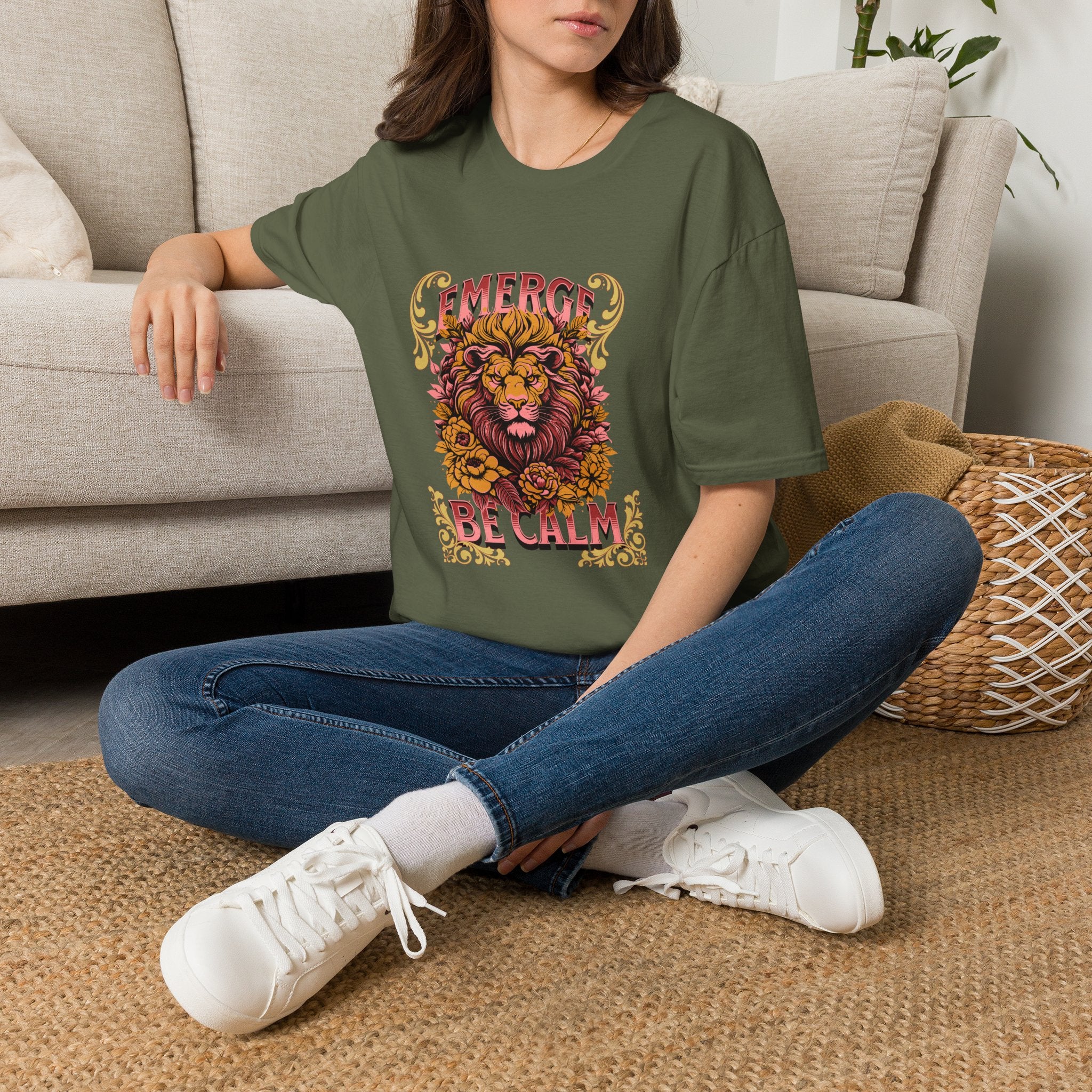 Lion 'Emerge Be Calm' Graphic T-Shirt — Bold Vintage Wildlife Tee