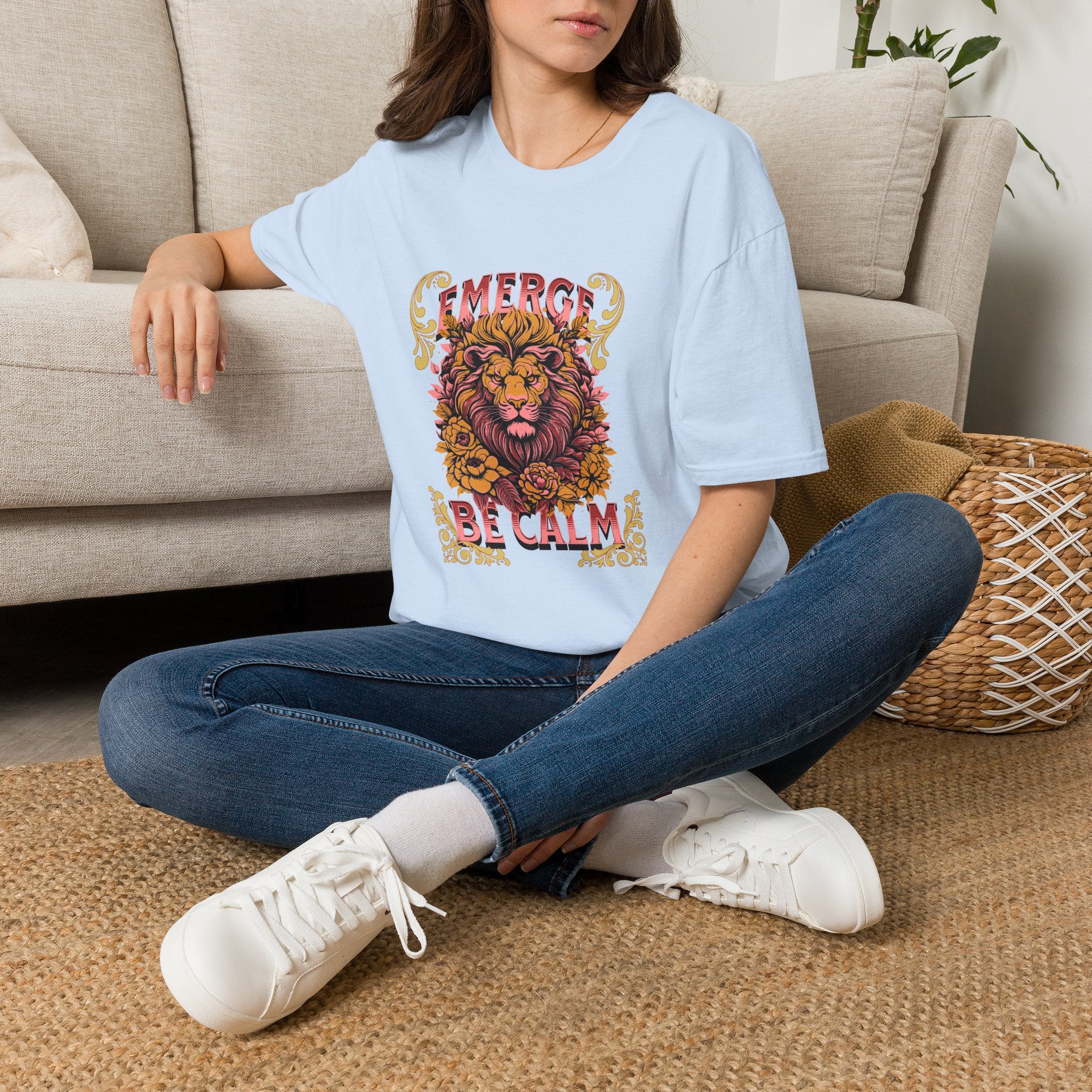 Lion 'Emerge Be Calm' Graphic T-Shirt — Bold Vintage Wildlife Tee