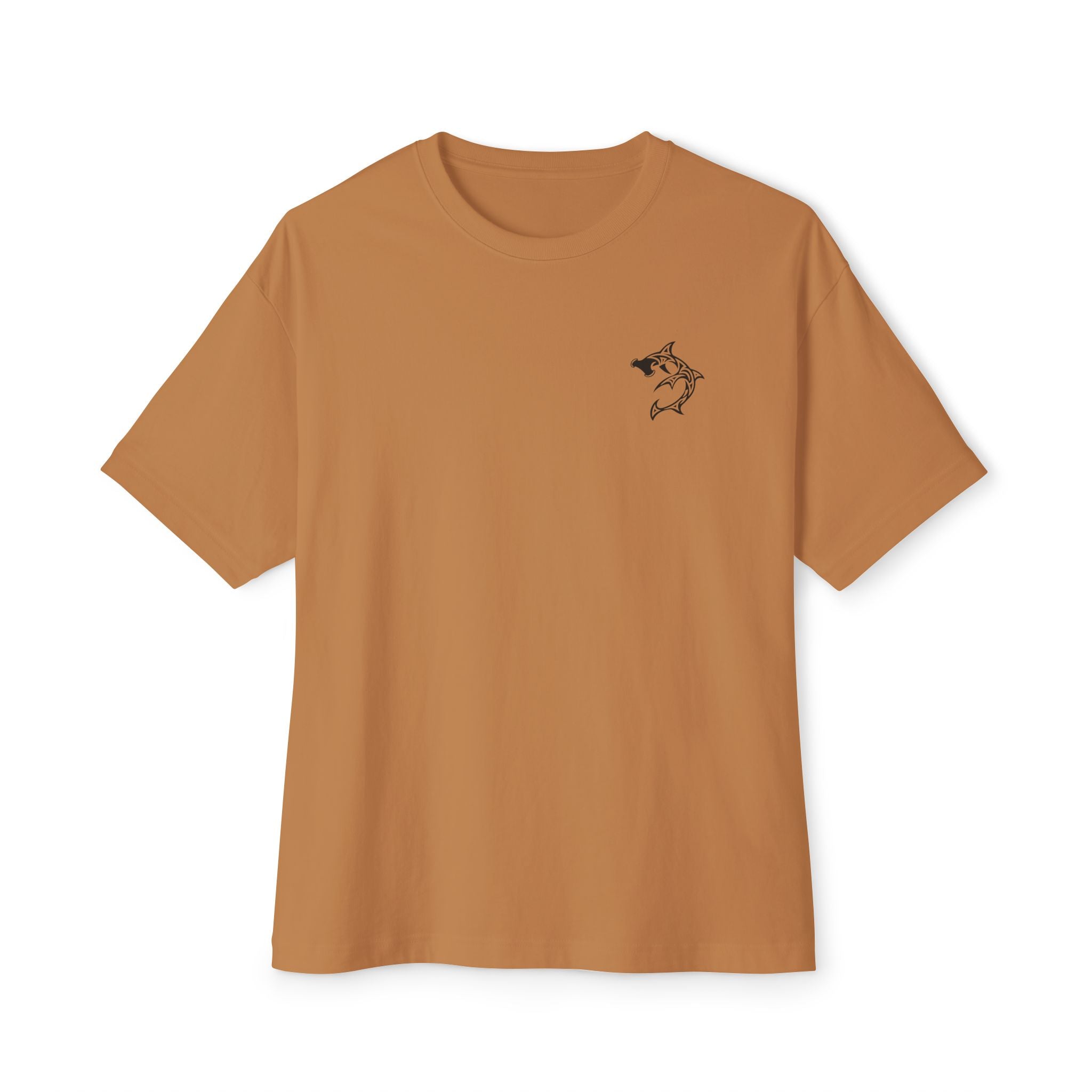 Shark Triskelion Tee — Oversized Boxy White T-Shirt with Tribal Shark Back Design