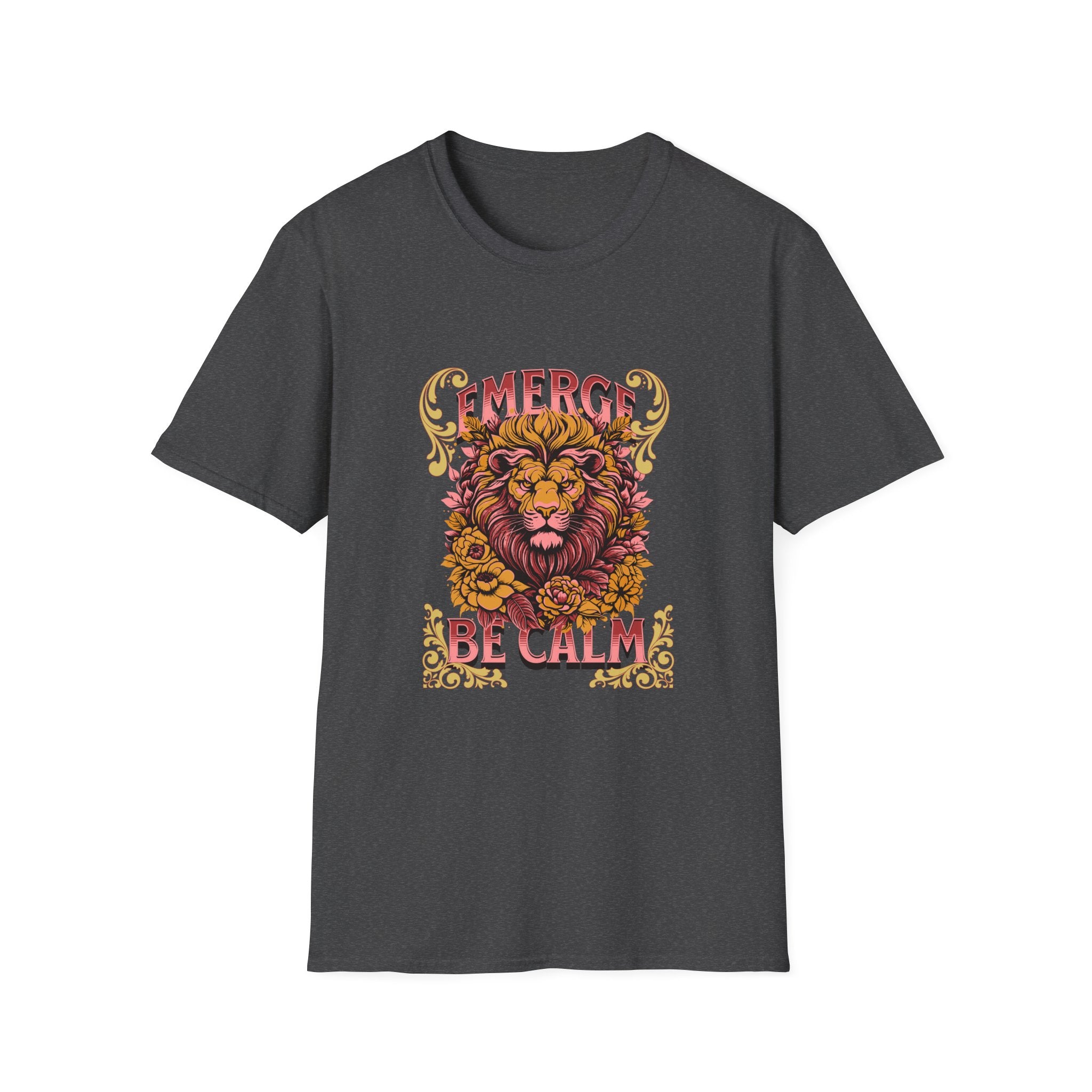 Lion 'Emerge Be Calm' Graphic T-Shirt — Bold Vintage Wildlife Tee