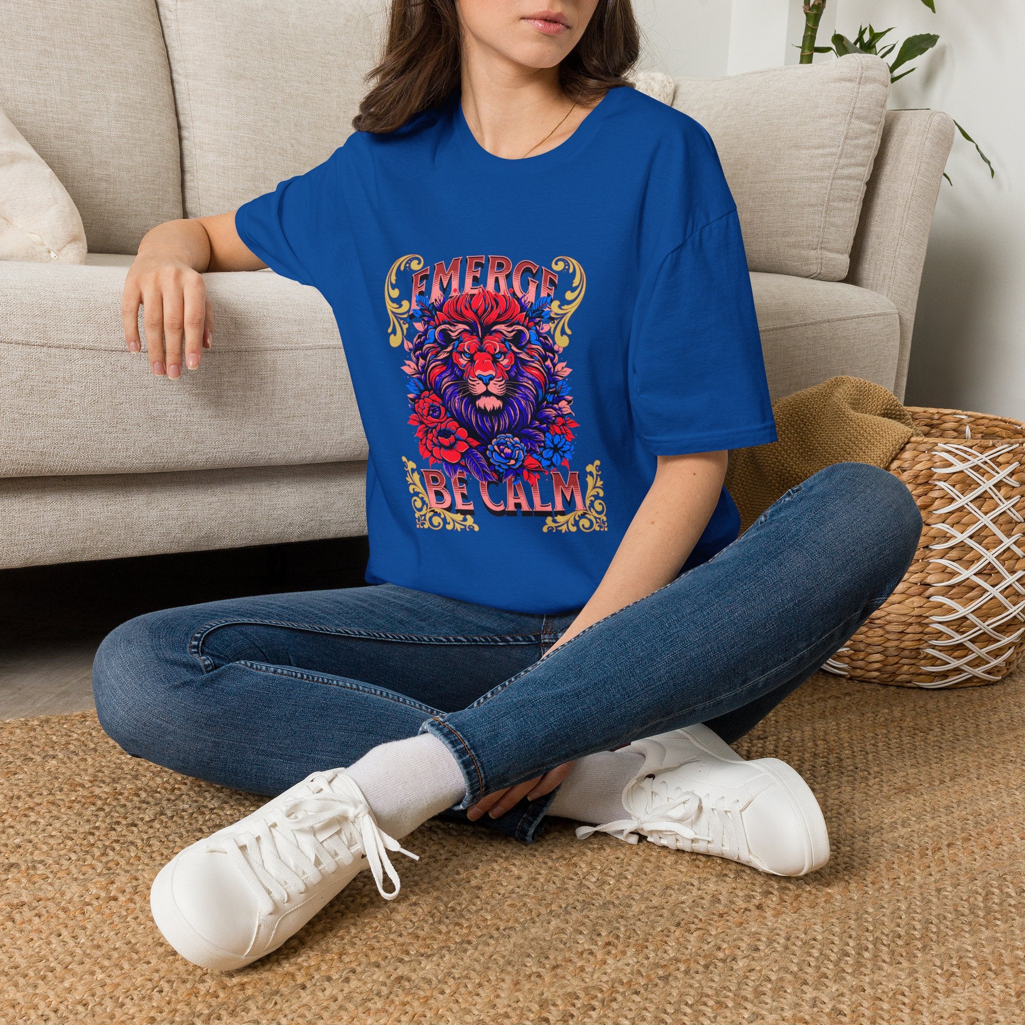 Emerge Be Calm Lion T-Shirt — Bold Floral Lion Graphic Tee