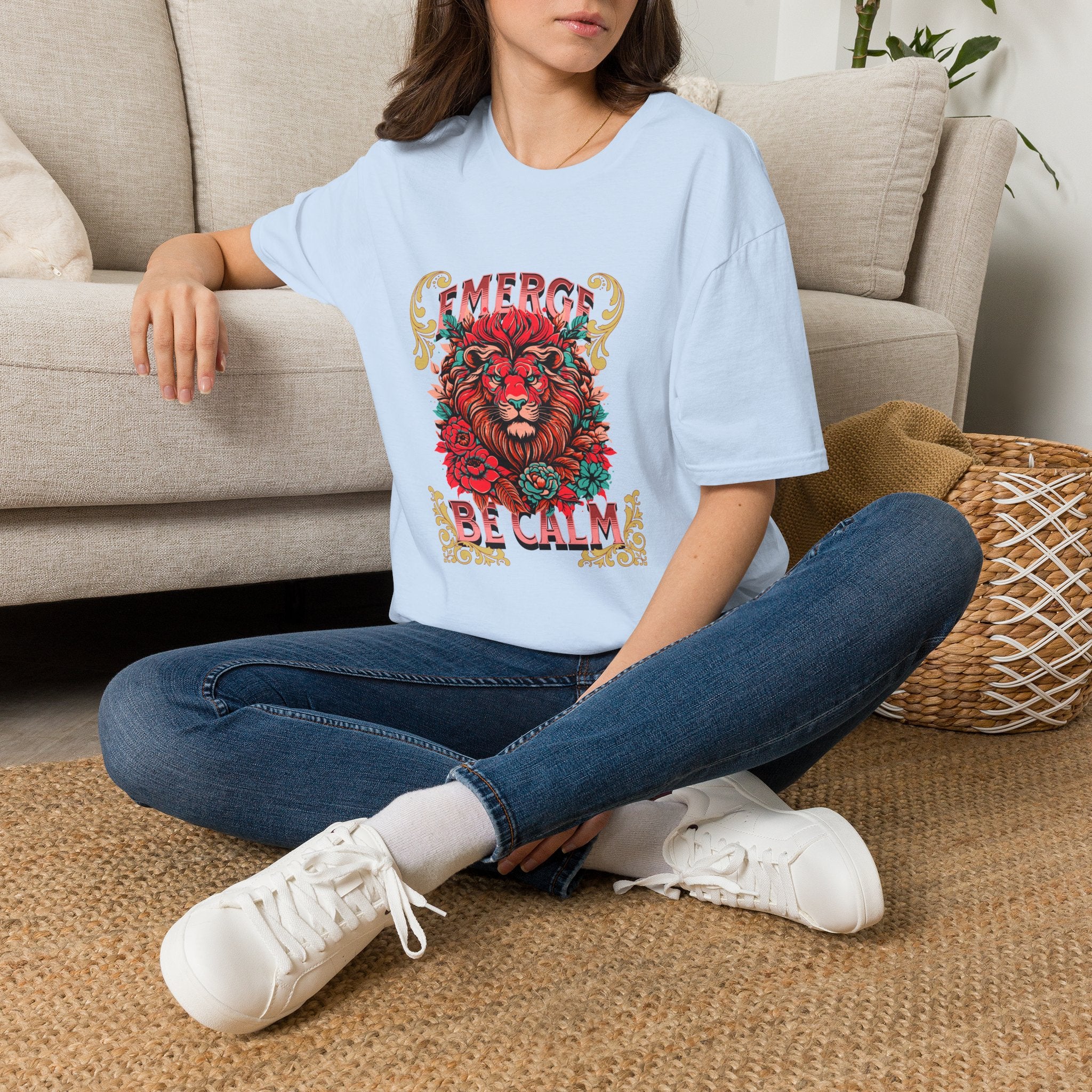 Emerge Be Calm Lion T-Shirt — Bold Floral Lion Graphic Tee