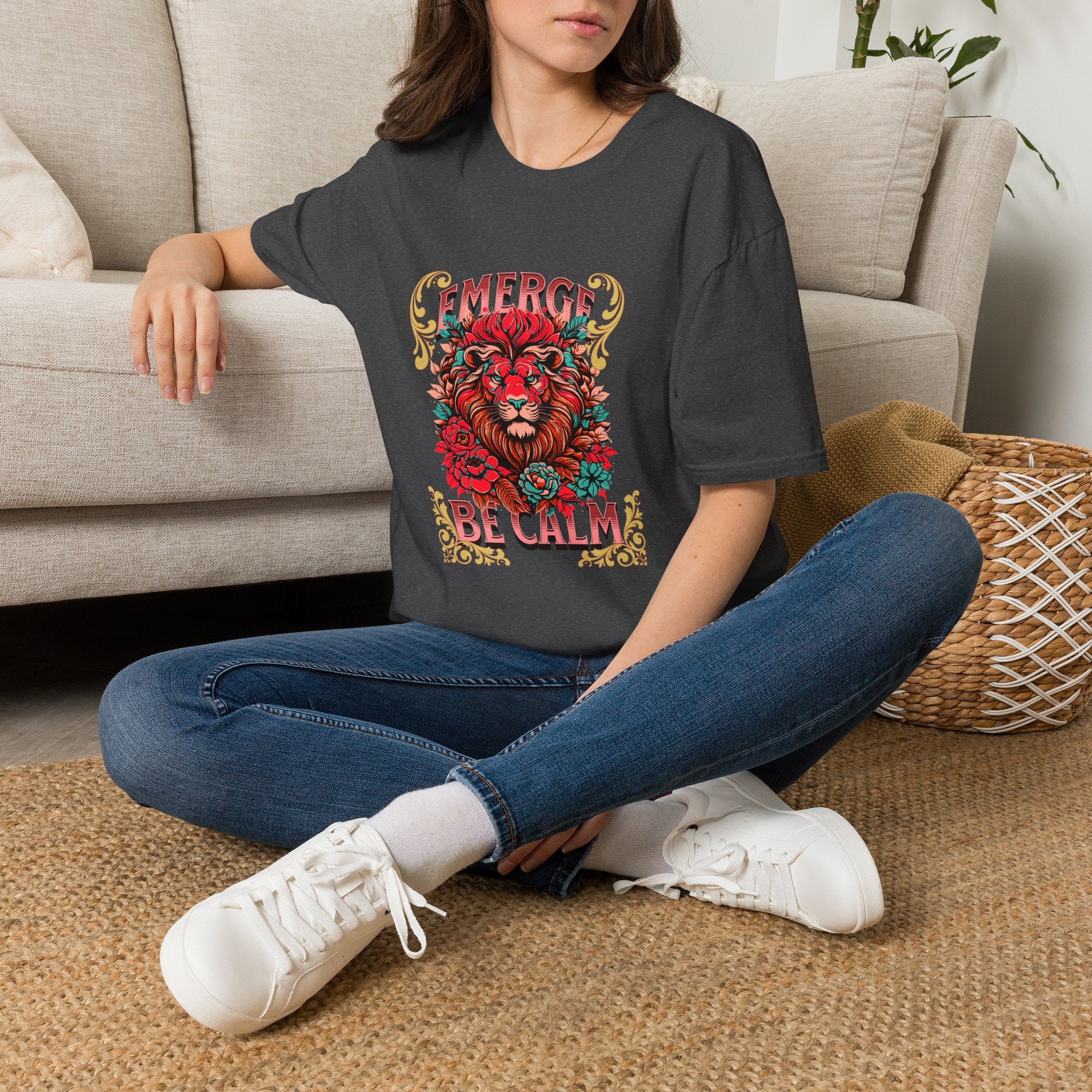 Emerge Be Calm Lion T-Shirt — Bold Floral Lion Graphic Tee