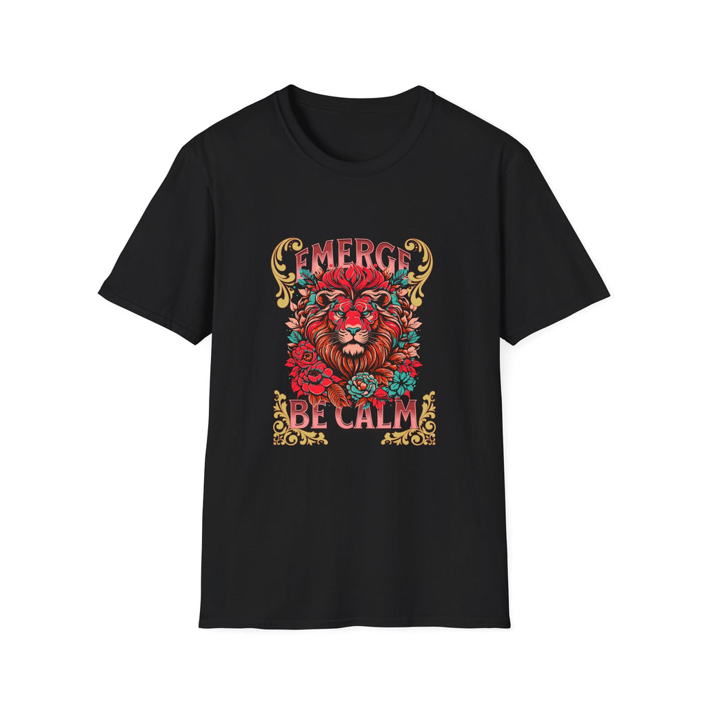 Emerge Be Calm Lion T-Shirt — Bold Floral Lion Graphic Tee