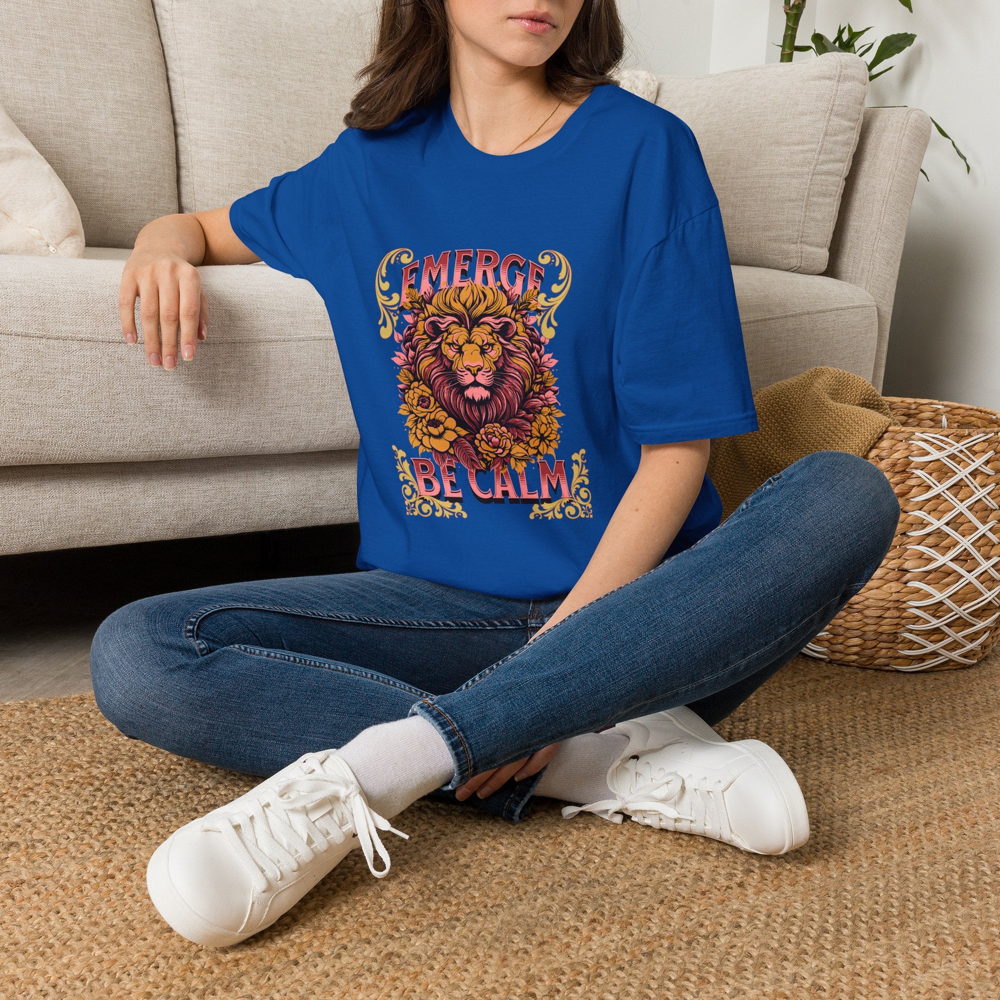 Lion 'Emerge Be Calm' Graphic T-Shirt — Bold Vintage Wildlife Tee