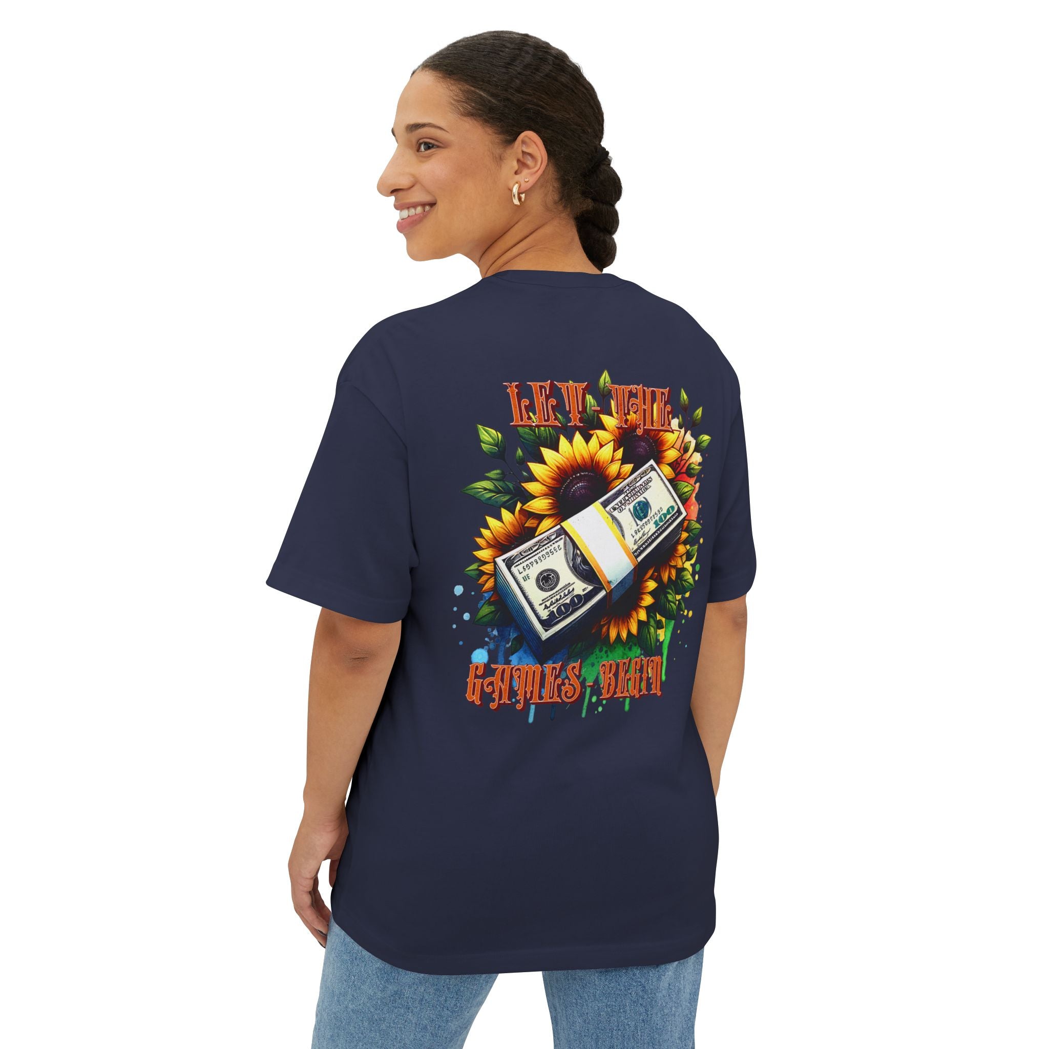 Money & Sunflowers Graphic Tee — "Let the Money Bloom" Oversized Boxy T‑Shirt