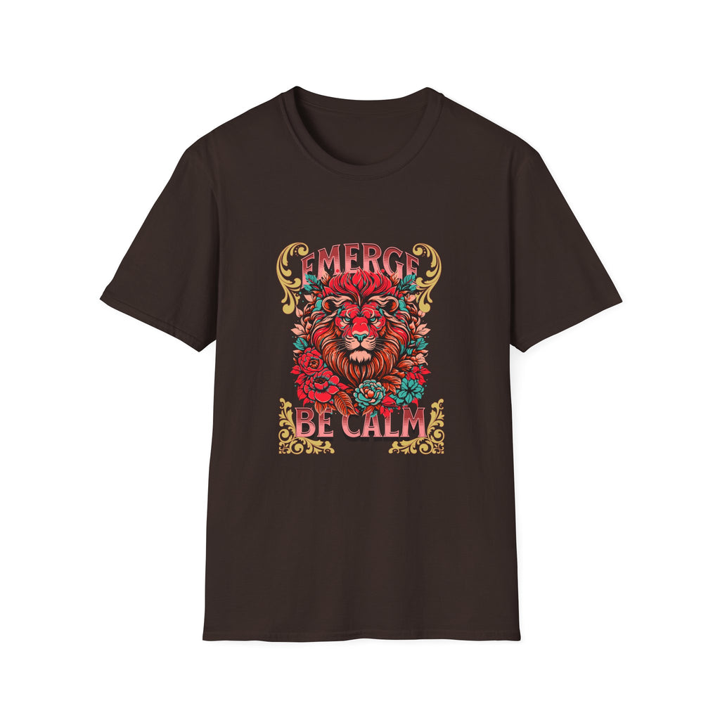 Emerge Be Calm Lion T-Shirt — Bold Floral Lion Graphic Tee