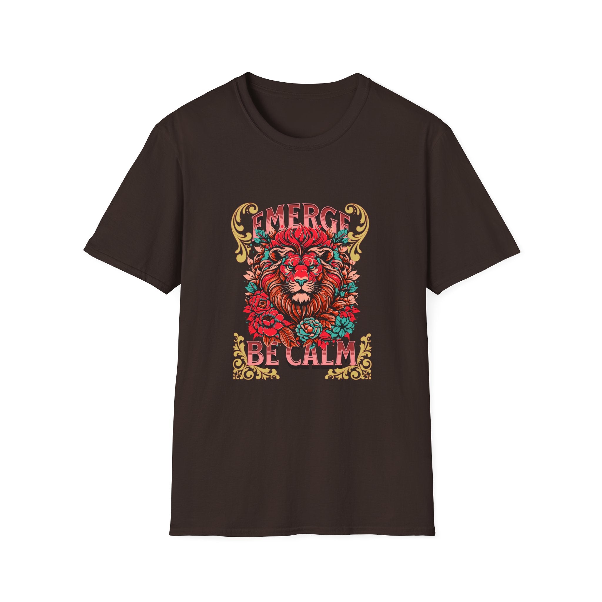 Emerge Be Calm Lion T-Shirt — Bold Floral Lion Graphic Tee